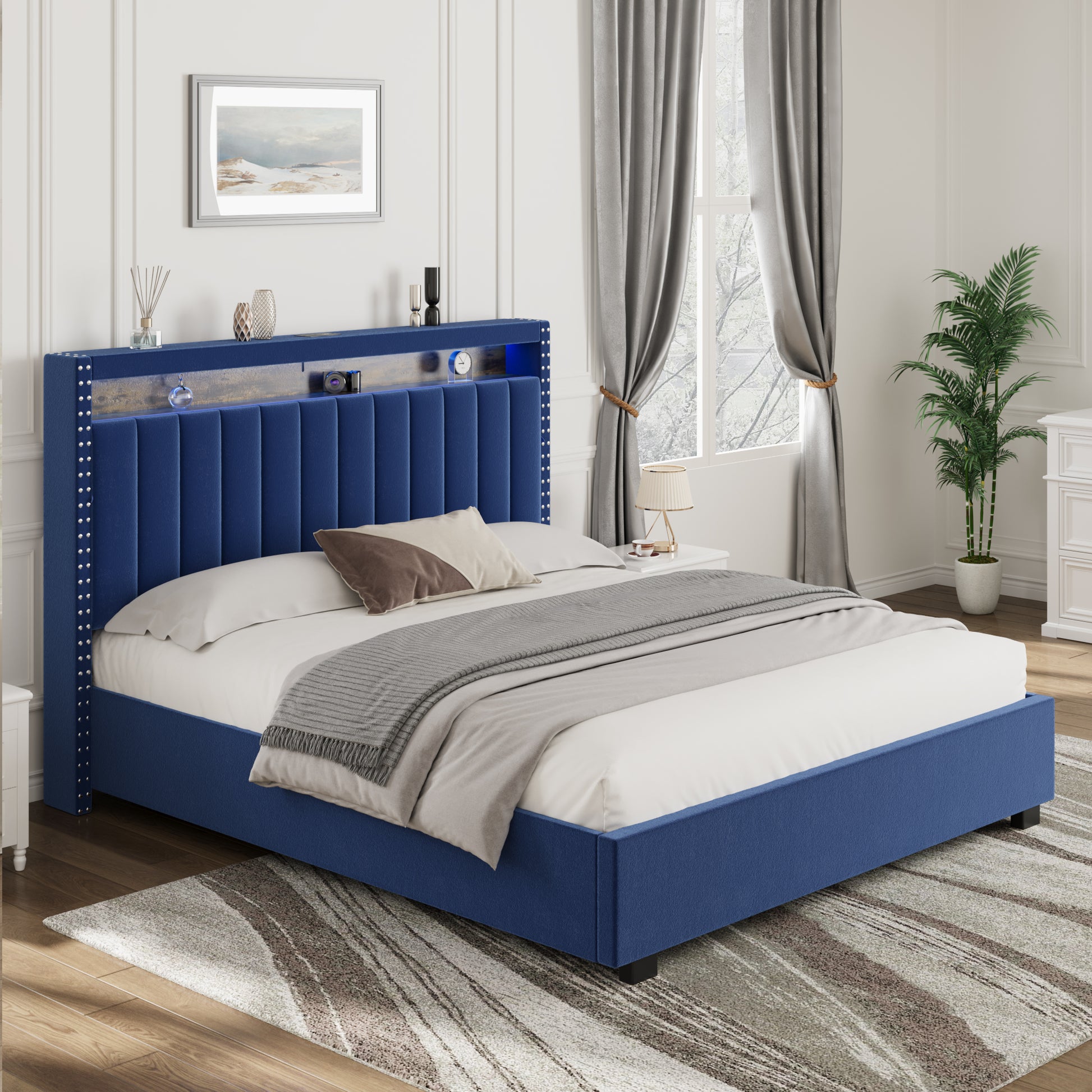 Luxury Gas Lift Storage Bed With Rf Led Lights, Storage Headboard ,Full Size ,Velvet Blue Box Spring Not Required Full Blue Wood Brown Bedroom American Design Poplar Slat Beds Polyurethane Foam