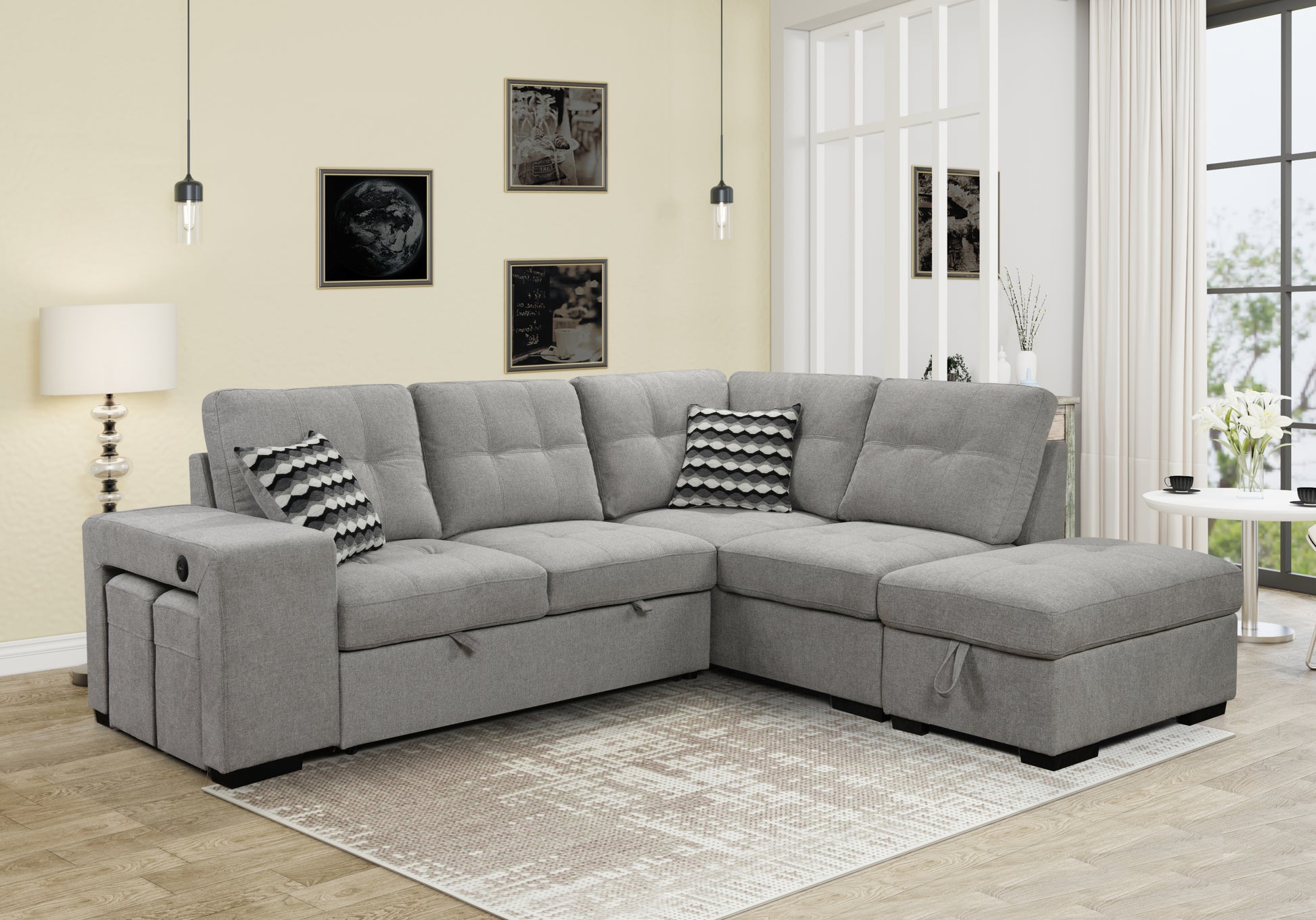 Sectional Pull Out Sofa Bed 101" Reversible L Shaped Corner Sleeper Upholstered Couch With Storage Ottoman, 2 Pillows,Usb Ports,2 Stools For Living Room Furniture Sets,Apartments, Light Gray Light Brown Wood Primary Living Space Heavy Duty Eucalyptus 4