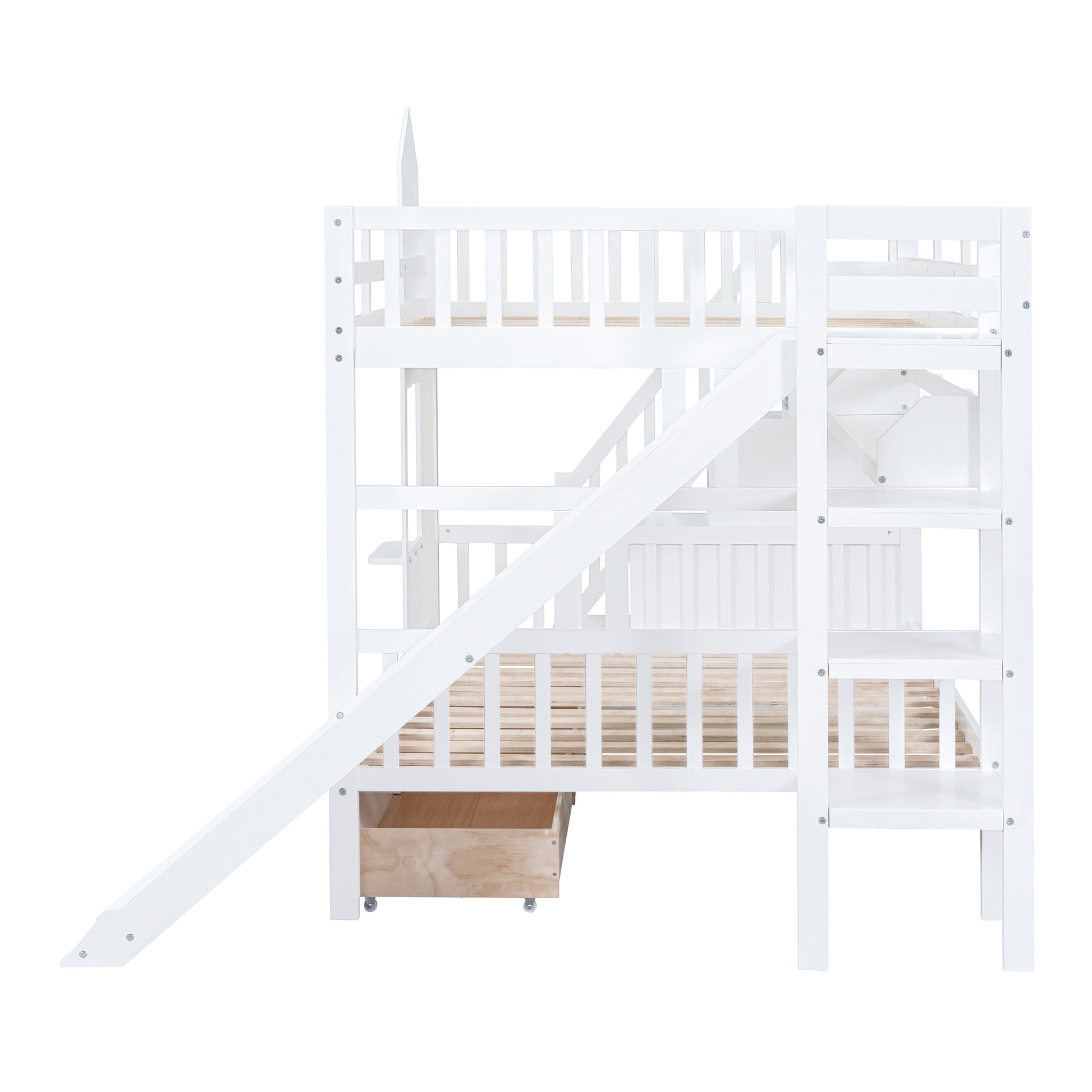 Full Over Full Castle Style Bunk Bed With 2 Drawers 3 Shelves And Slide White White Solid Wood