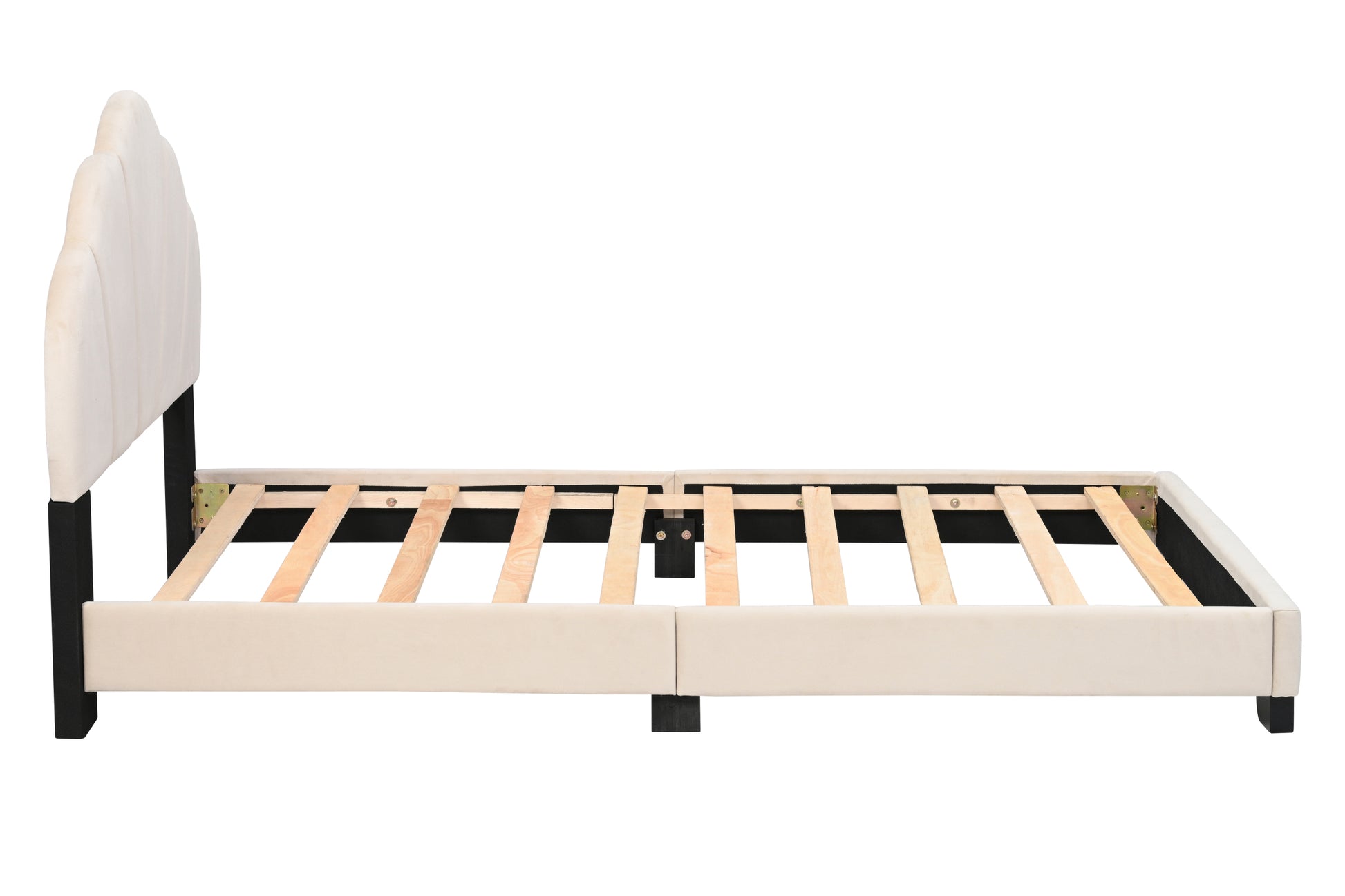 Upholstered Twin Size Platform Bed For Kids, Wooden Bed Frame With Slatted Bed Base, No Box Spring Needed, Cute Bed Frame With Shell Design Headboard For Girls Boys Teens, Beige Box Spring Not Required Twin Beige Wood Kids Velvet Acacia Wood