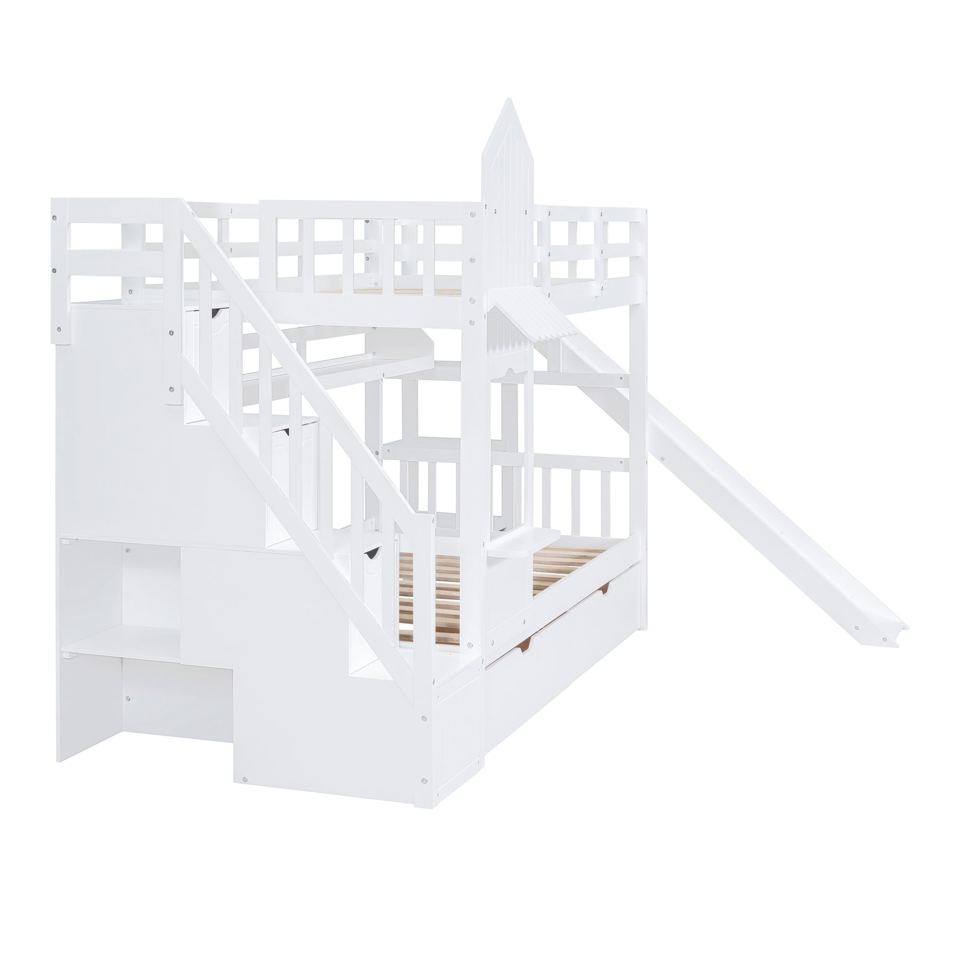 Twin Over Twin Castle Style Bunk Bed With 2 Drawers 3 Shelves And Slide White White Solid Wood