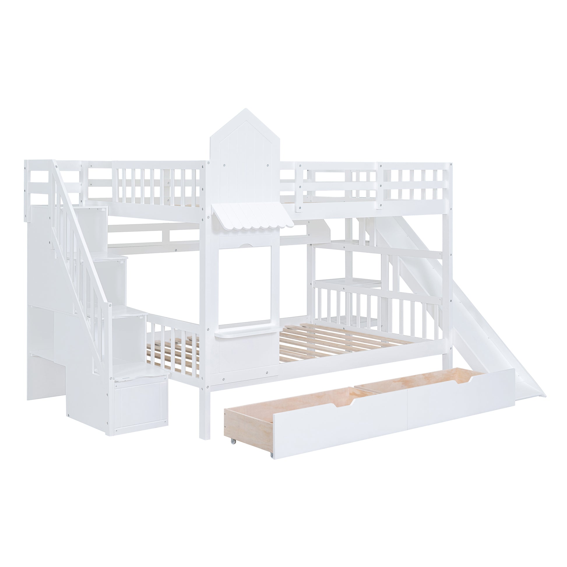 Full Over Full Castle Style Bunk Bed With 2 Drawers 3 Shelves And Slide White White Solid Wood