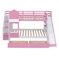 Full Over Full Castle Style Bunk Bed With 2 Drawers 3 Shelves And Slide Pink Pink Solid Wood