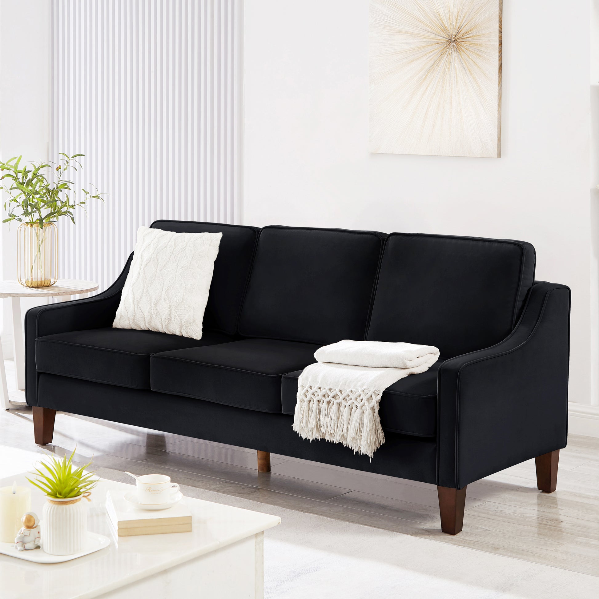 Modern 3 Person Seat Sofa Couch With Scooped Armrest Wood Legs,Upholstered Velvet 3 Seat Sofa With Removable Cushions For Livingroom Bedroom,Black Black Espresso Velvet Wood Primary Living Space Medium Soft Cushion Back American Design Rubberwood Square