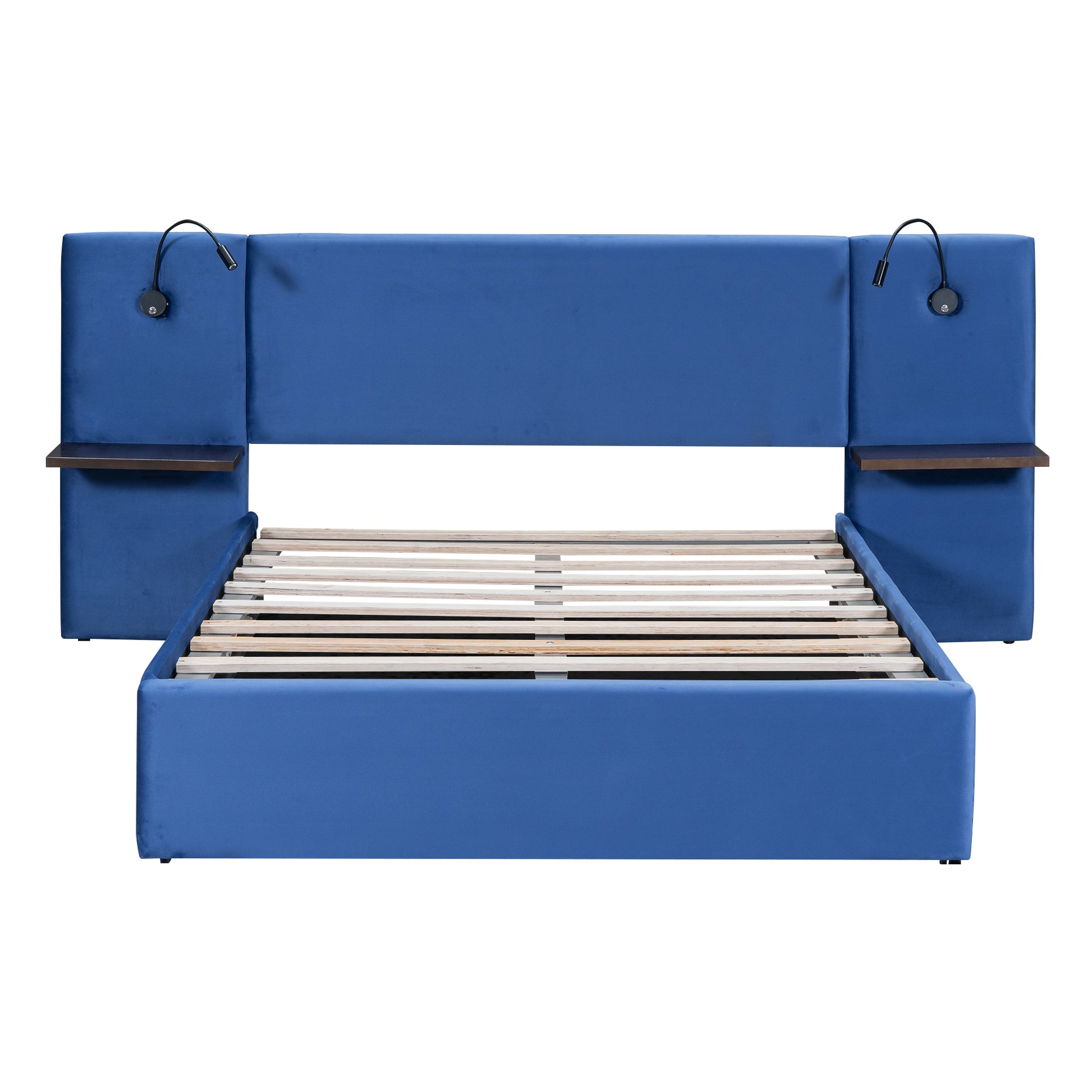 Full Size Storage Upholstered Hydraulic Platform Bed With 2 Shelves, 2 Lights And Usb, Blue Box Spring Not Required Full Blue Wood Bedroom Bed Frame Velvet Upholstered