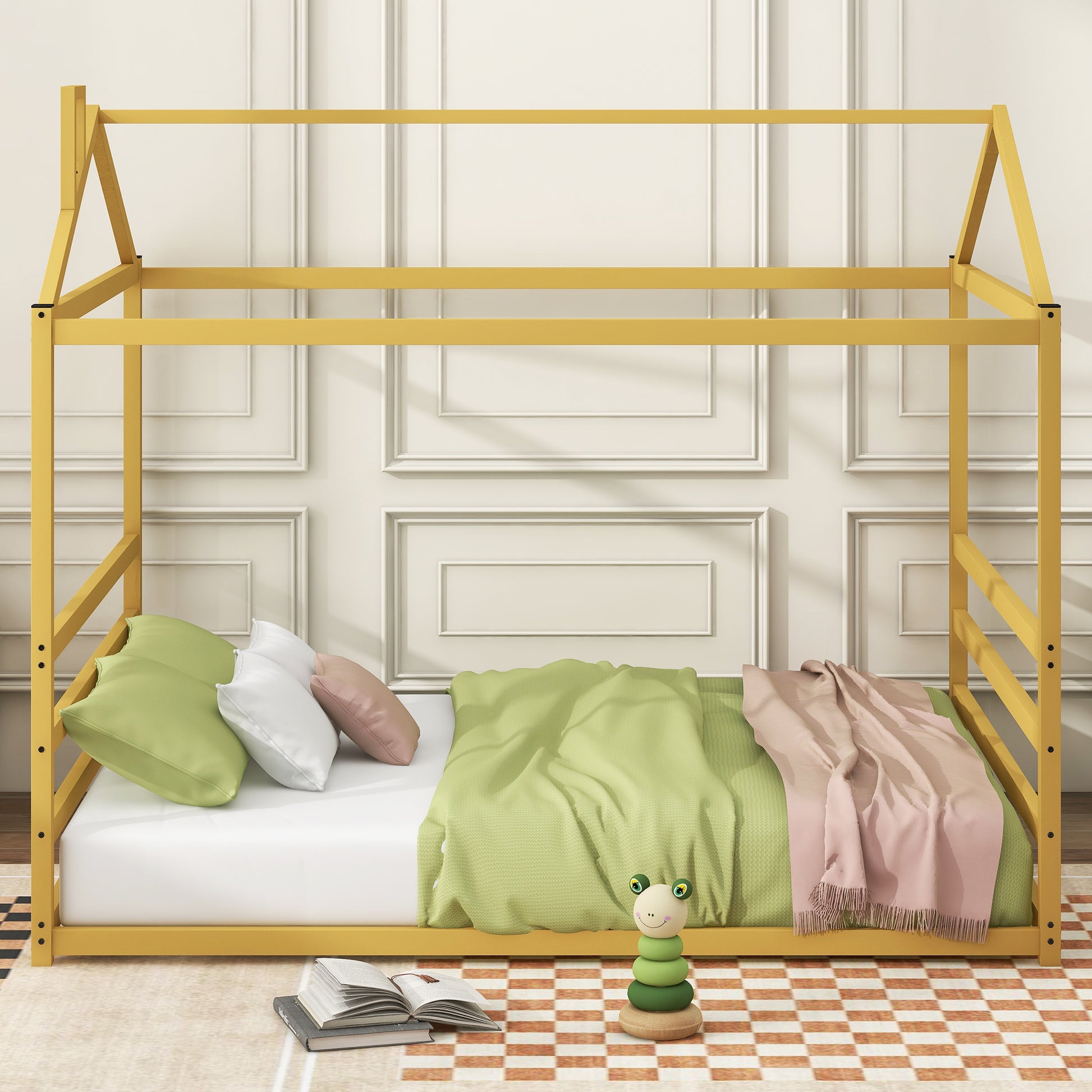 Metal House Shape Platform Bed, Gold, Queen Queen Gold Metal