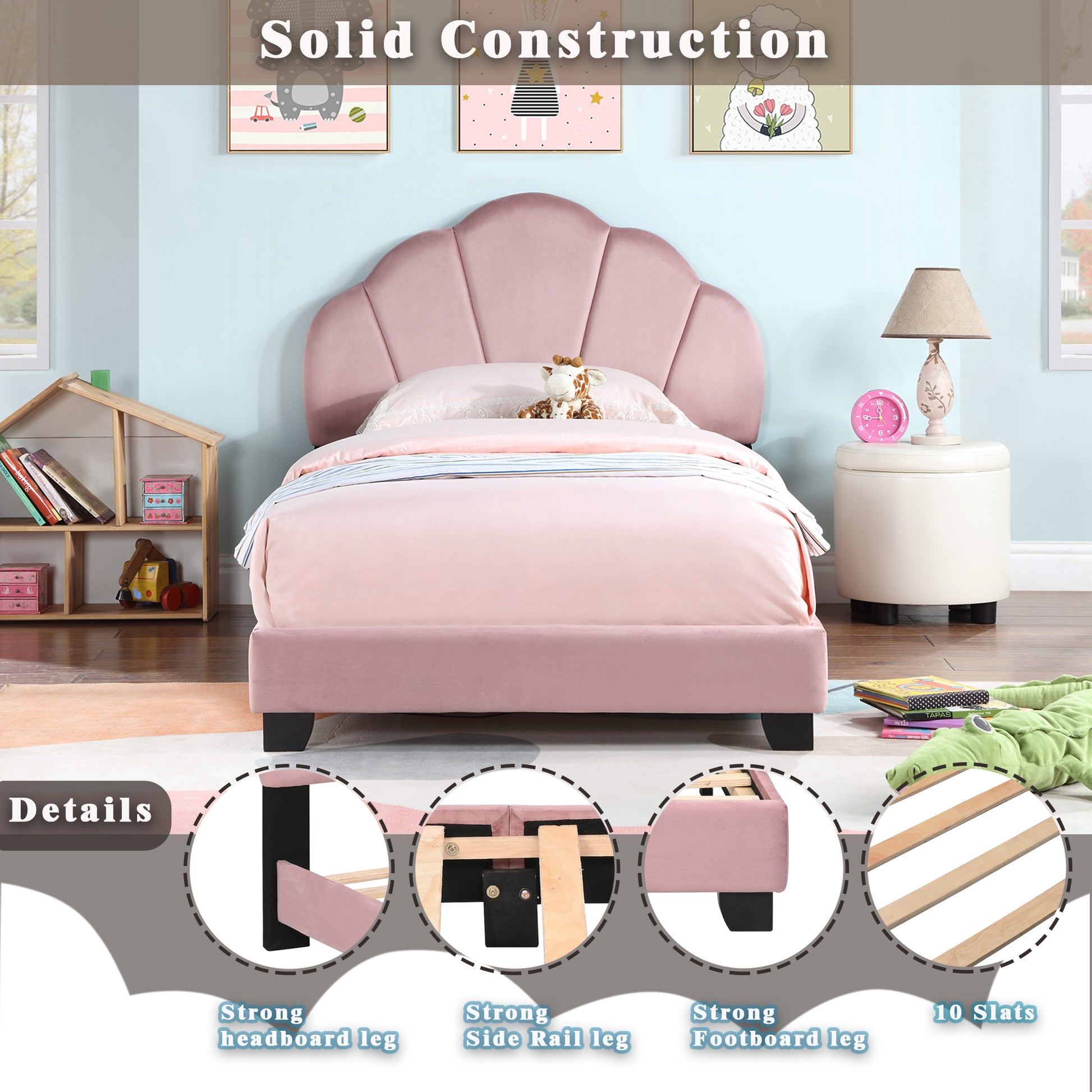 Upholstered Twin Size Platform Bed For Kids, Wooden Bed Frame With Slatted Bed Base, No Box Spring Needed, Cute Bed Frame With Shell Design Headboard For Girls Boys Teens, Pink Box Spring Not Required Twin Pink Wood Kids Velvet Acacia Wood