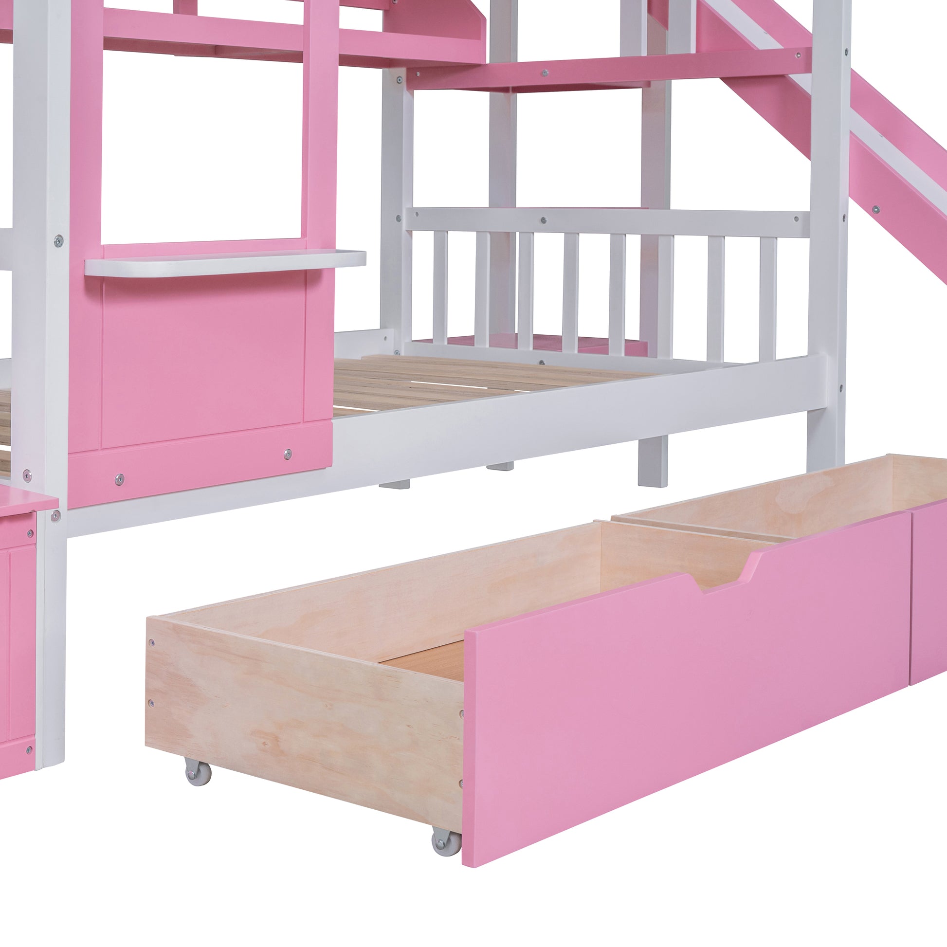 Twin Over Twin Castle Style Bunk Bed With 2 Drawers 3 Shelves And Slide Pink Pink Solid Wood