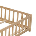 Full Size Floor Platform Bed With Fence And Door For Kids, Montessori Floor Bed Frame With Support Slats For Toddlers, Wooden Floor Bed Natural Natural Plywood