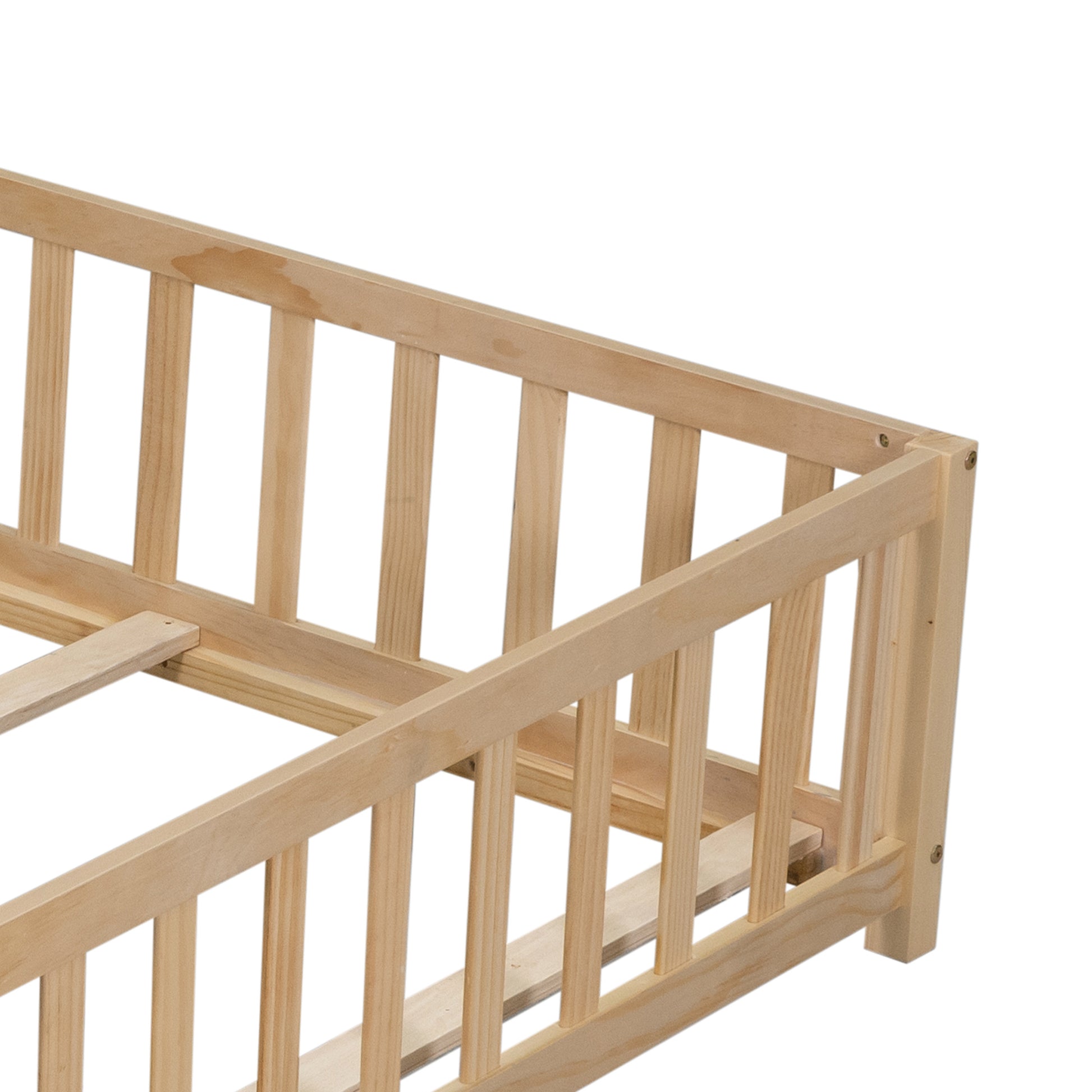 Full Size Floor Platform Bed With Fence And Door For Kids, Montessori Floor Bed Frame With Support Slats For Toddlers, Wooden Floor Bed Natural Natural Plywood