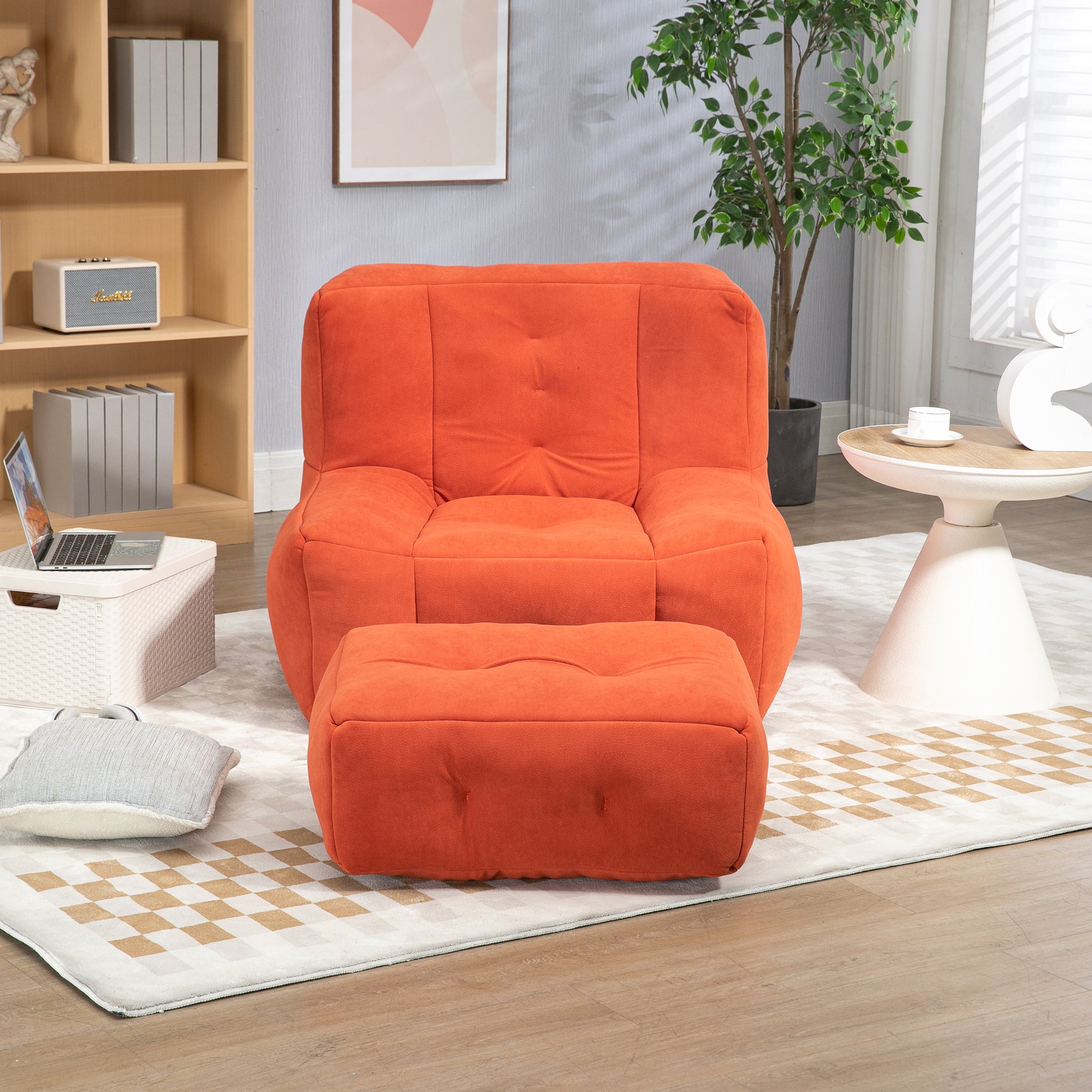 Fluffy Bean Bag Chair, Comfortable Bean Bag For Adults And Children, Super Soft Lazy Sofa Chair With Memory Foam And Ottoman, Indoor Modern Focus Bean Bag Chair For Living Room, Bedroom, Apartment Red Velvet