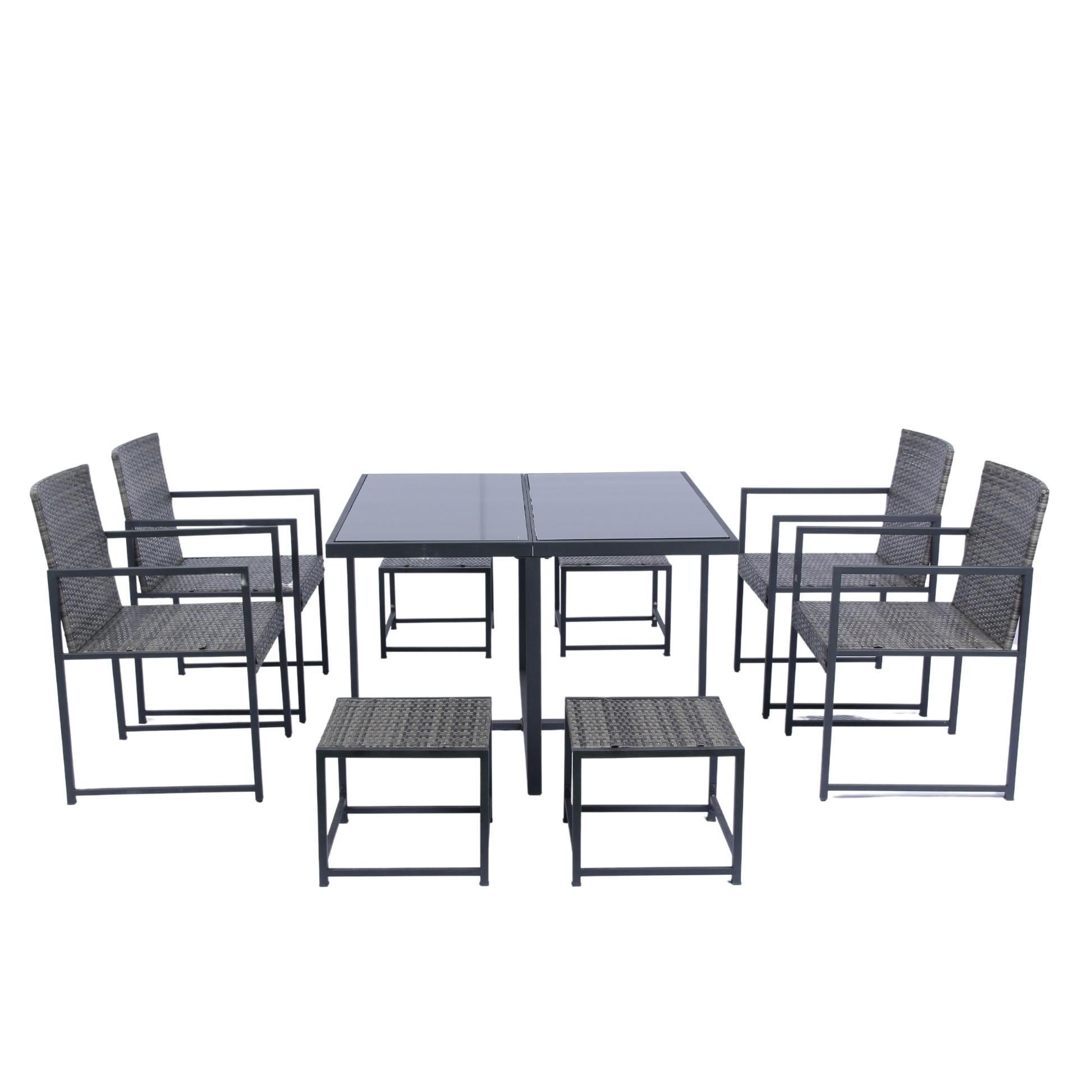 9 Pieces Patio Dining Sets Outdoor Space Saving Rattan Chairs With Glass Table Top Grey Wicker Dark Grey Cushion Yes Dining Set Grey Rust Resistant Frame Mildew Resistant Cushion Garden & Outdoor Modern Multiple Chairs Seating Group Fiber Foam Pads