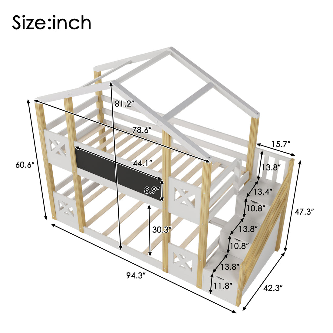 Twin Over Twin House Bunk Bed With White Storage Staircase And Blackboards, White White Wood