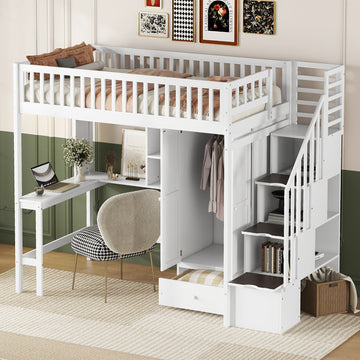 Twin Size Loft Bed With Bookshelf,Drawers,Desk,And Wardrobe White Twin White Solid Wood Mdf