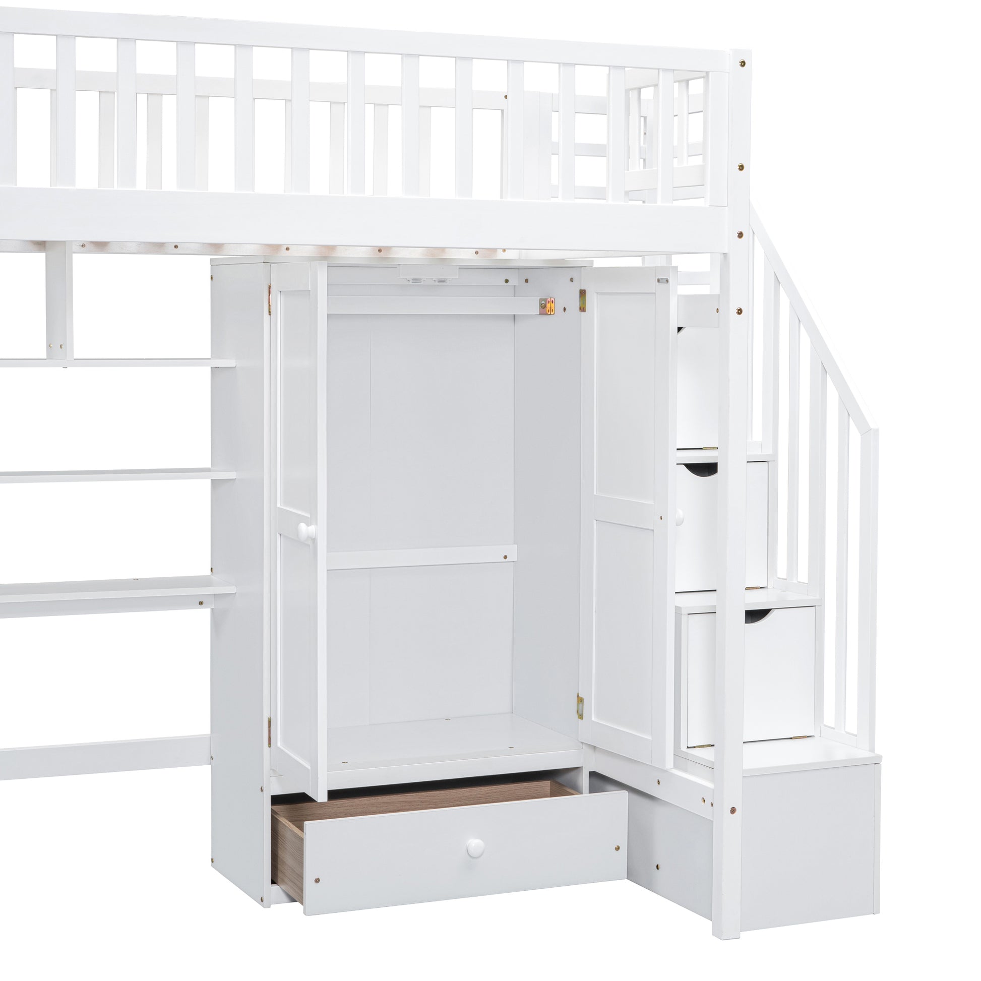 Twin Size Loft Bed With Bookshelf,Drawers,Desk,And Wardrobe White Twin White Solid Wood Mdf