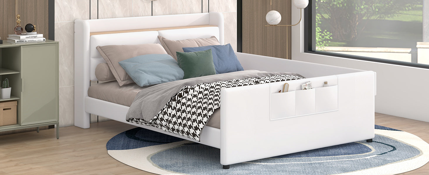 Full Size Upholstered Platform Bed With Guardrail, Storage Headboard And Footboard, Beige Box Spring Not Required Full Beige Wood Faux Leather Upholstered
