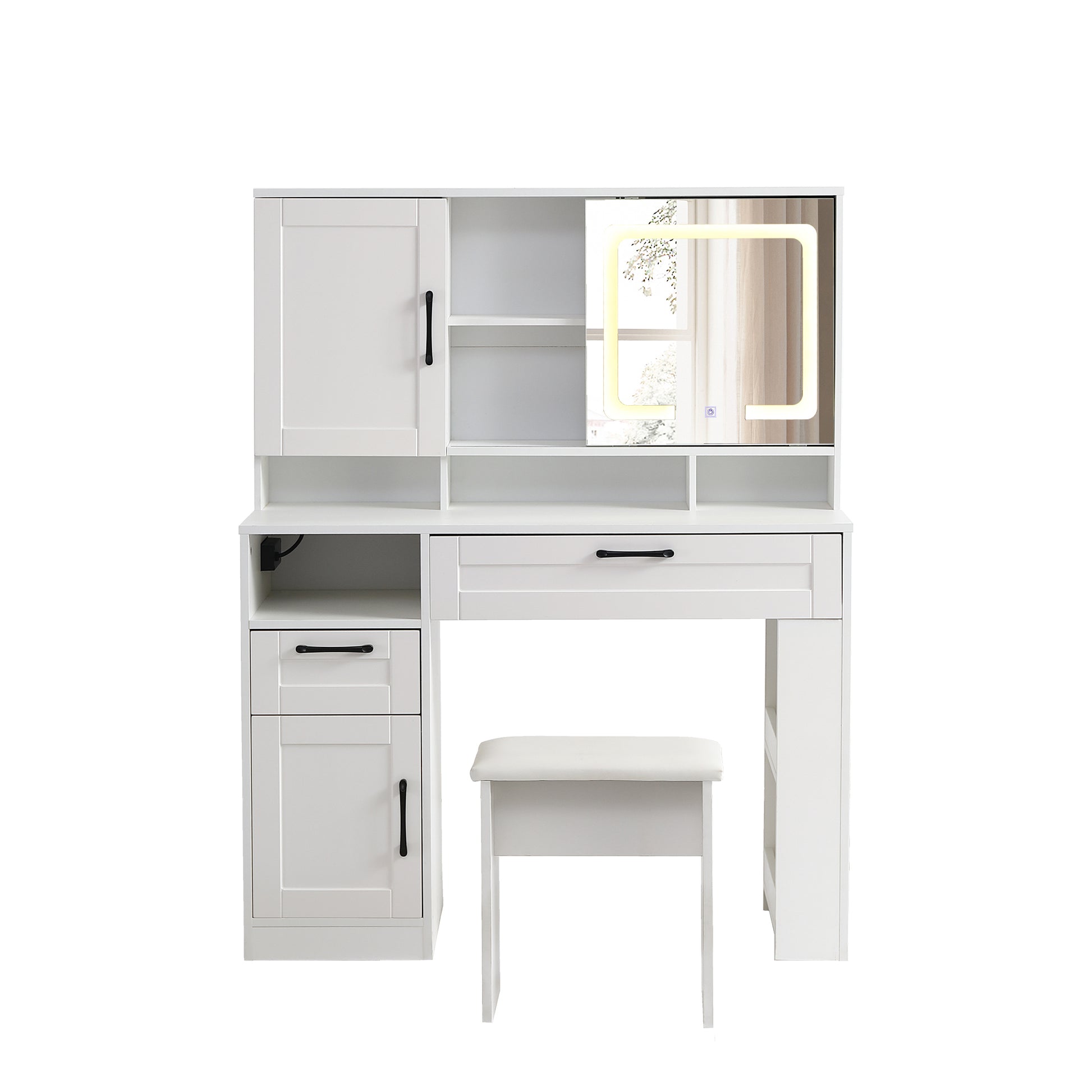 Vanity Table With Large Sliding Lighted Mirror, Dressing Table With 2 Drawers, Storage Shelves And Upholstered Stool, White Color Antique White Particle Board