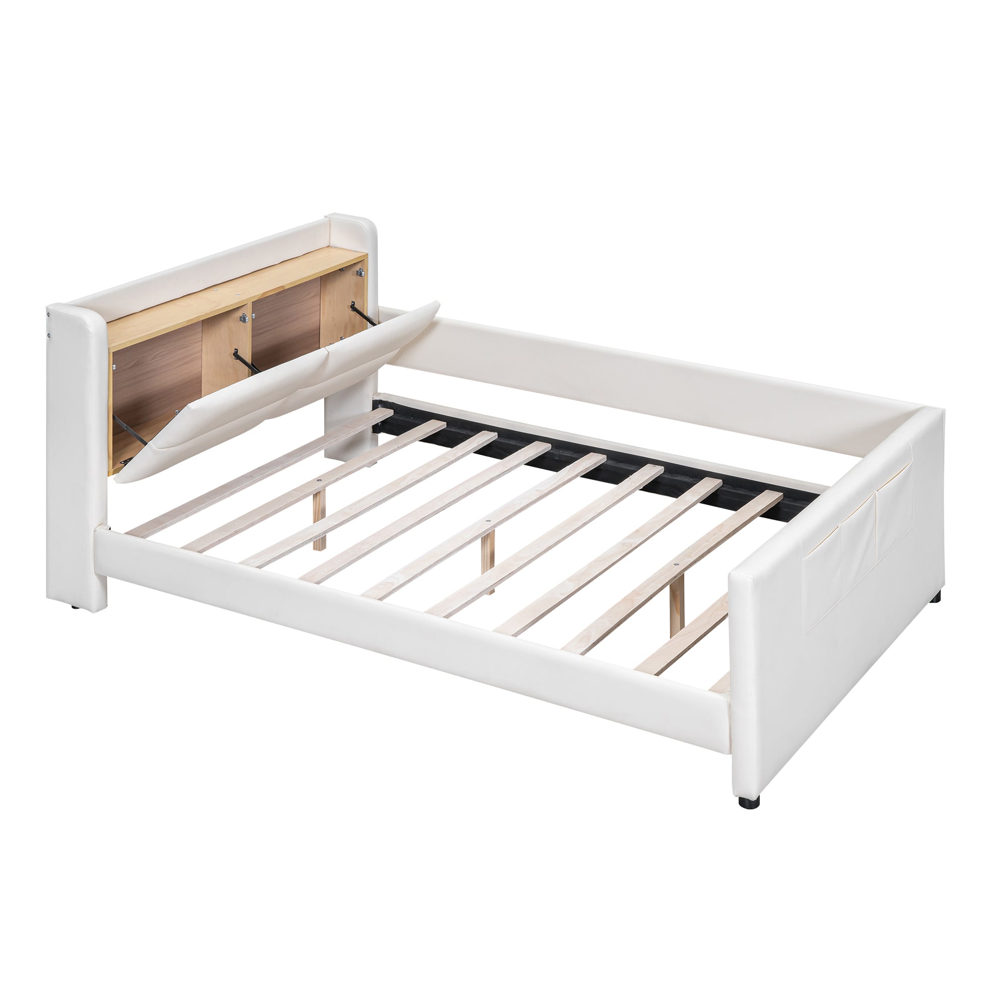 Full Size Upholstered Platform Bed With Guardrail, Storage Headboard And Footboard, Beige Box Spring Not Required Full Beige Wood Faux Leather Upholstered