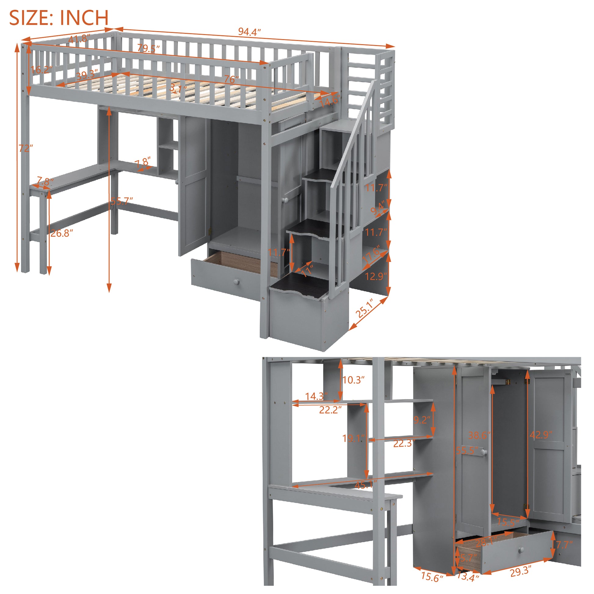 Twin Size Loft Bed With Bookshelf,Drawers,Desk,And Wardrobe Gray Twin Gray Solid Wood Mdf