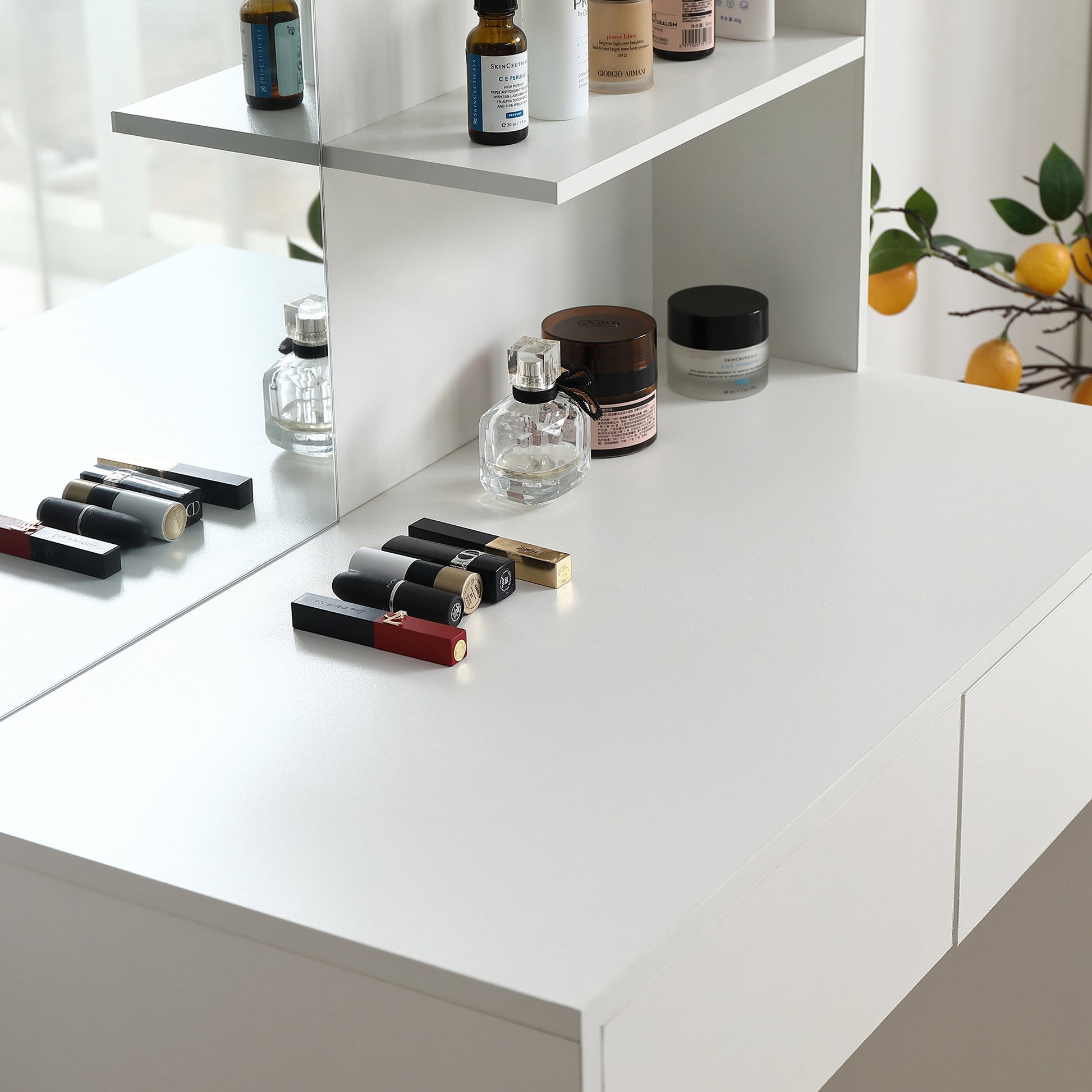 Vanity Desk With Mirror, Dressing Table With 2 Drawers, White Color Antique White Particle Board