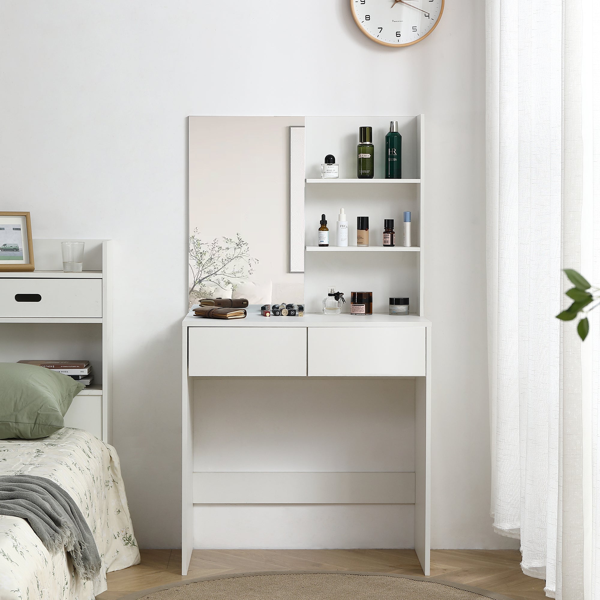 Vanity Desk With Mirror, Dressing Table With 2 Drawers, White Color Antique White Particle Board