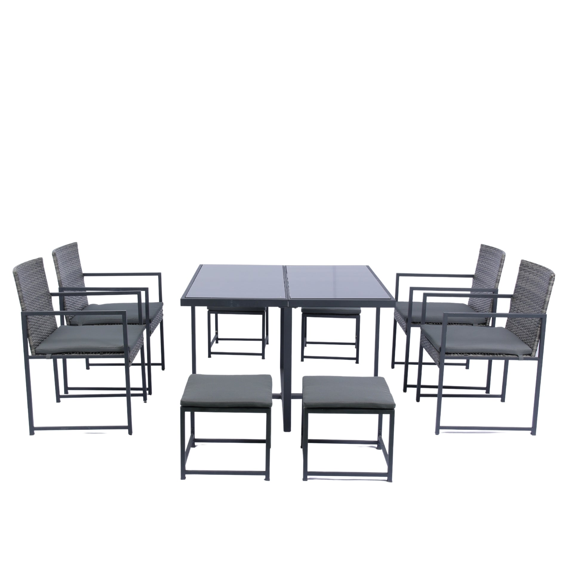 9 Pieces Patio Dining Sets Outdoor Space Saving Rattan Chairs With Glass Table Top Grey Wicker Dark Grey Cushion Yes Dining Set Grey Rust Resistant Frame Mildew Resistant Cushion Garden & Outdoor Modern Multiple Chairs Seating Group Fiber Foam Pads