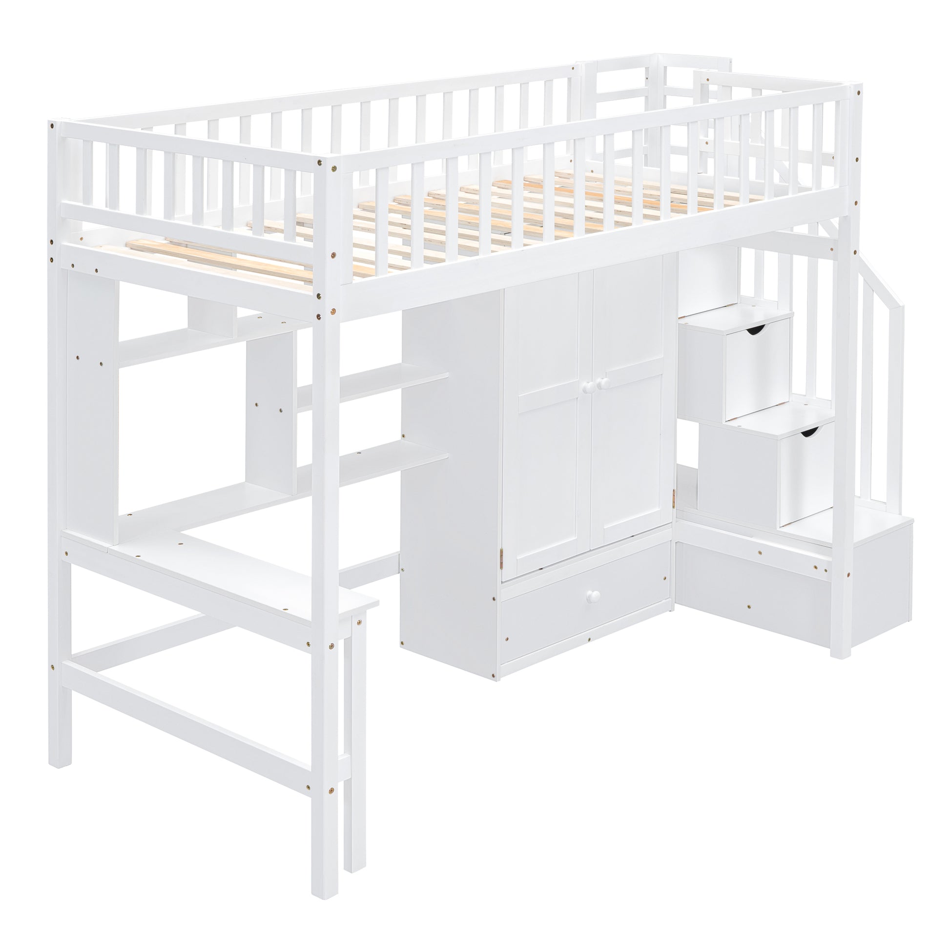 Twin Size Loft Bed With Bookshelf,Drawers,Desk,And Wardrobe White Twin White Solid Wood Mdf