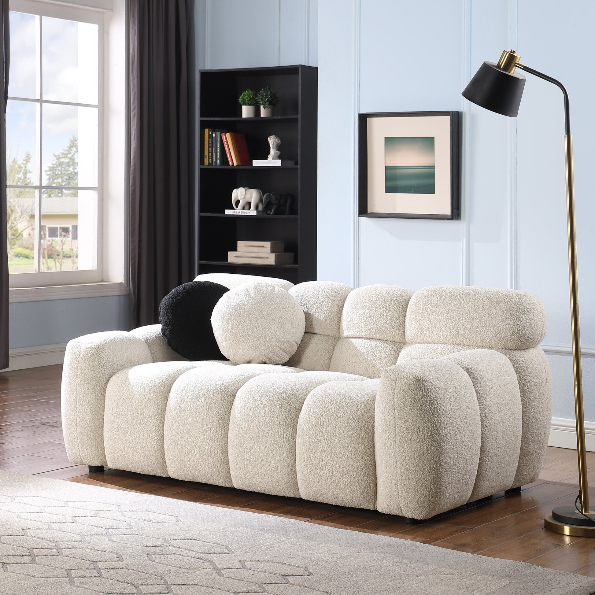 64.96 Length ,35.83" Deepth ,Human Body Structure For Usa People, Marshmallow Sofa,Boucle Sofa ,2 Seater, Beige Boucle Beige Light Brown Wood Primary Living Space Medium Soft Split Back Eucalyptus Rolled Arms Boucle 3 Seat