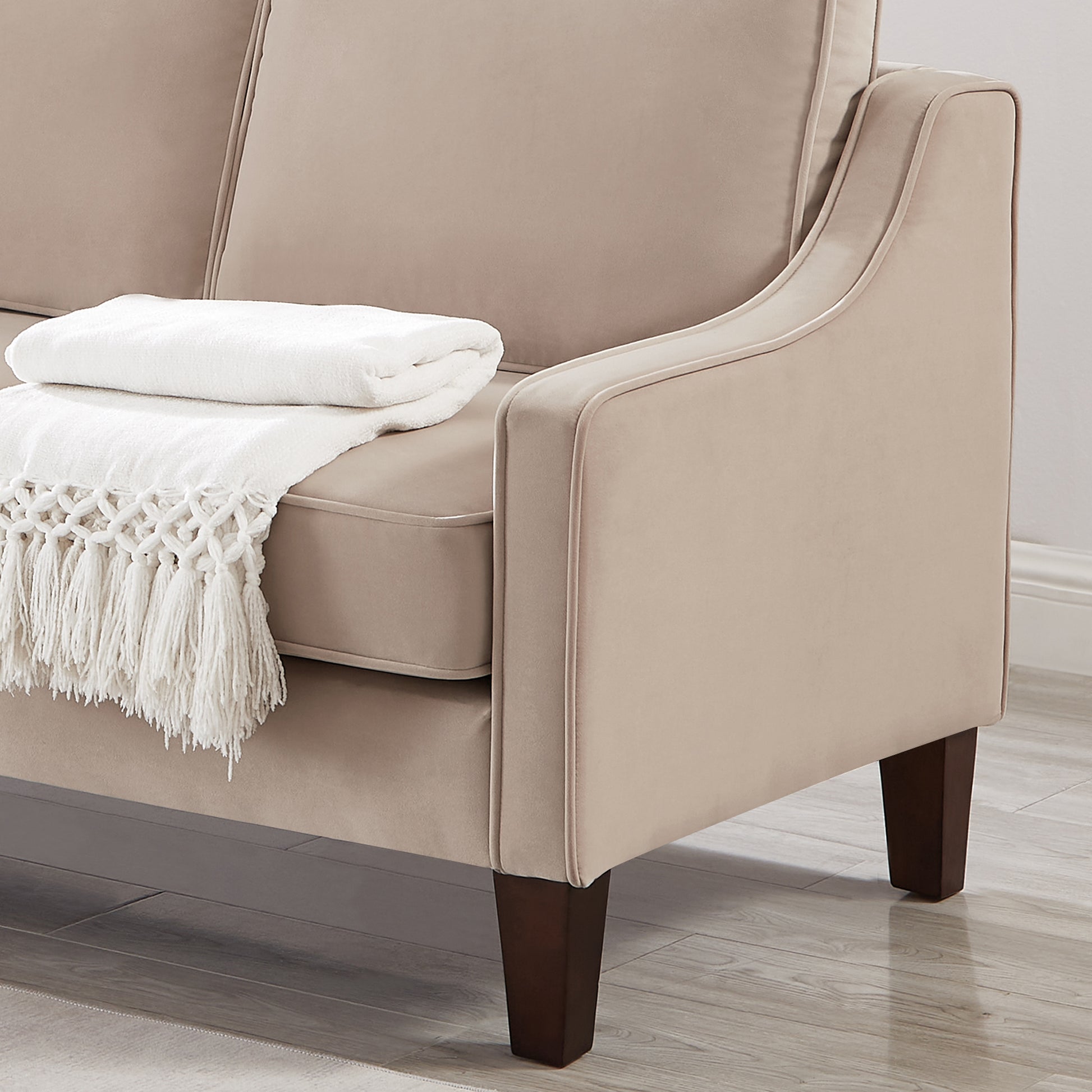 Modern 3 Person Seat Sofa Couch With Scooped Armrest Wood Legs,Upholstered Velvet 3 Seat Sofa With Removable Cushions For Livingroom Bedroom,Taupe Taupe Espresso Velvet Wood Primary Living Space Medium Soft Cushion Back American Design Rubberwood Square