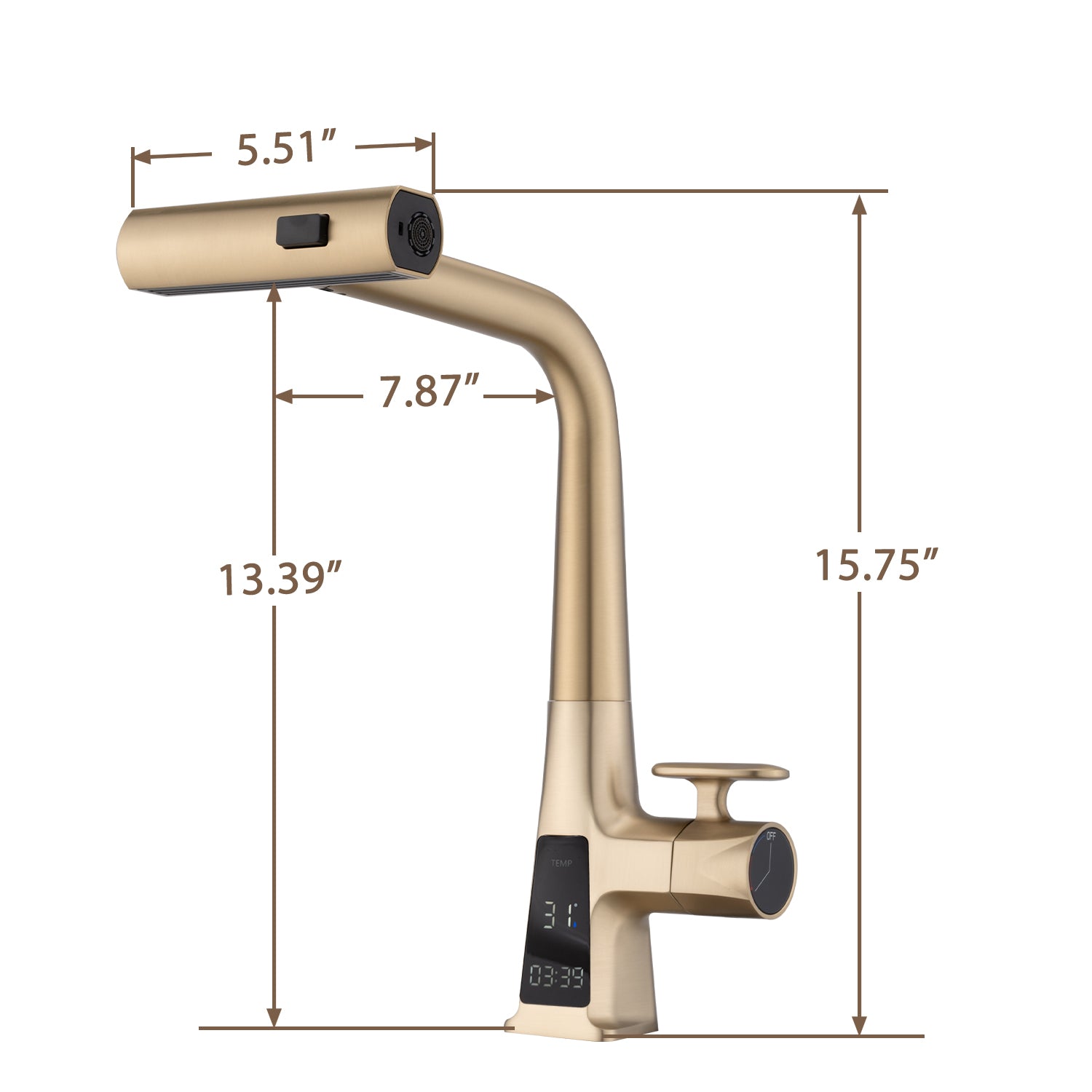 Brushed Gold Waterfall Kitchen Faucet With Temperature Display, Single Handle Kitchen Faucet With Pull Down Sprayer, Modern Kitchen Sink Faucet, Three Water Outlet Modes Brushed Gold Zinc