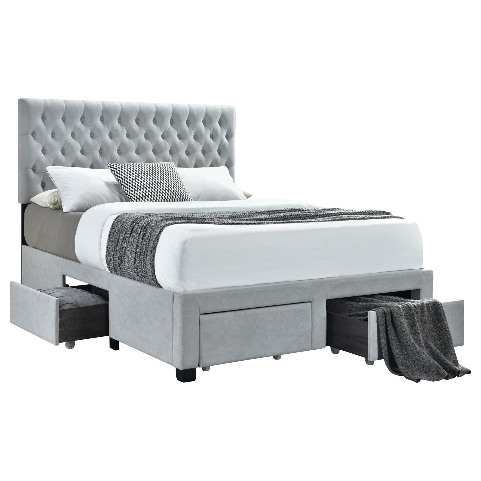 Light Grey Tufted 4 Drawer Full Storage Bed Box Spring Not Required Full Grey Wood Bedroom Glam Rubberwood Storage Included Foam Polyester Fabric