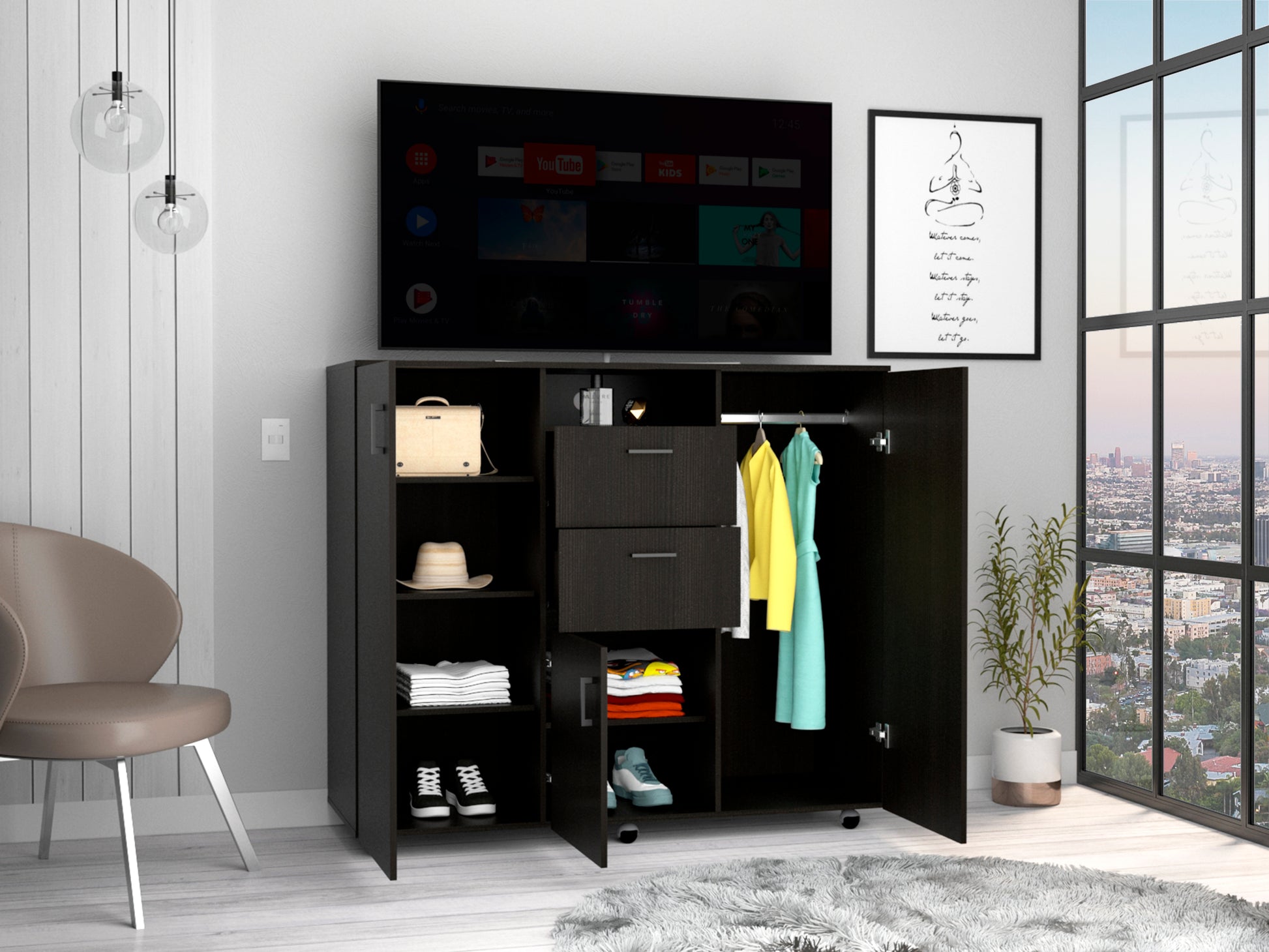 Double Door Cabinet Dresser Quizz, Bedroom, Black Black Particle Board Particle Board