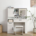 Vanity Table With Large Sliding Lighted Mirror, Dressing Table With 2 Drawers, Storage Shelves And Upholstered Stool, White Color Antique White Particle Board