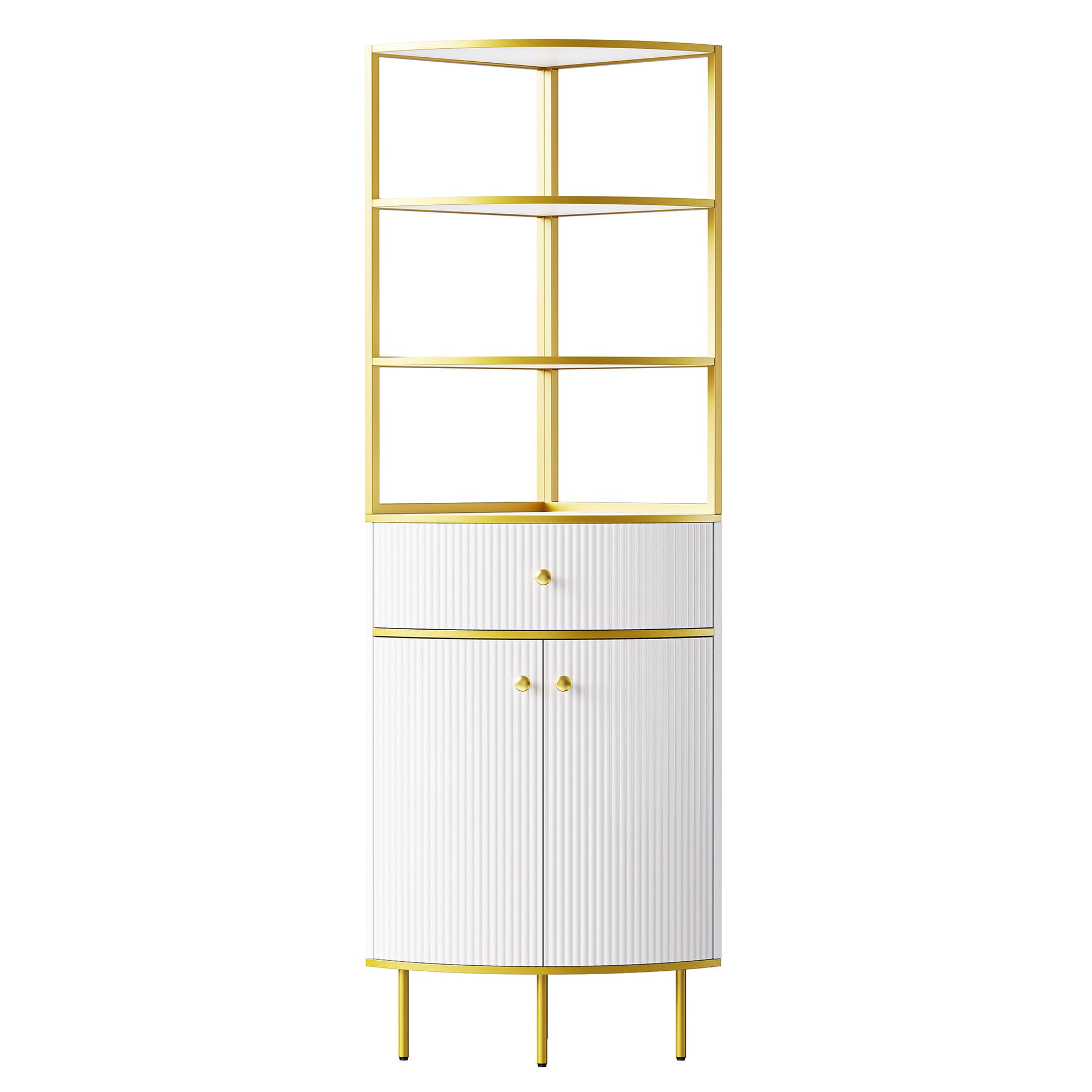 74.8" Tall Modern Corner Bookshelf,Fan Shaped Bookcase With 1 Drawer And 2 Doors ,Wooden Standing Corner Shelf With Gold Metal Frame For Living Room,Home Office,White White Mdf Metal