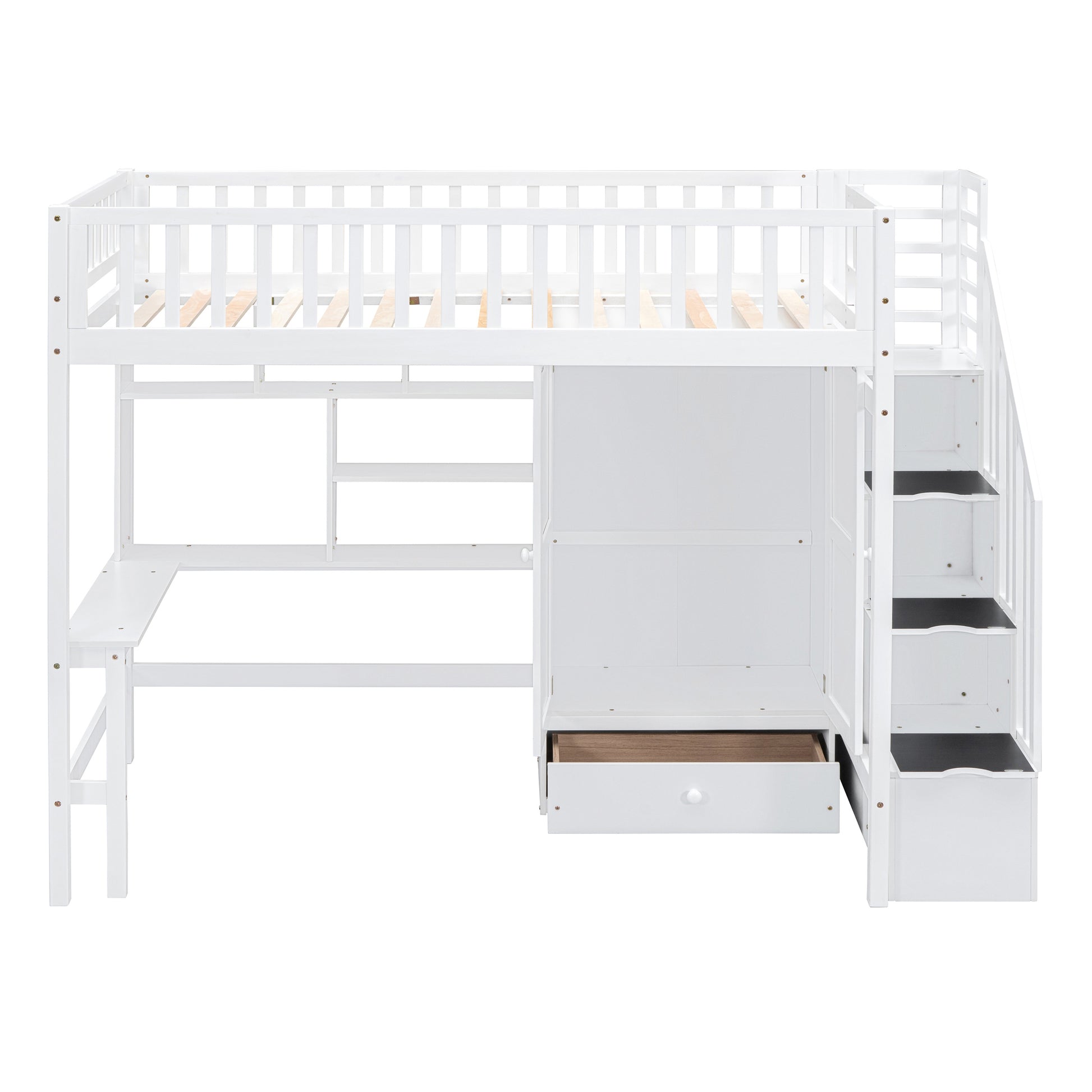 Twin Size Loft Bed With Bookshelf,Drawers,Desk,And Wardrobe White Twin White Solid Wood Mdf