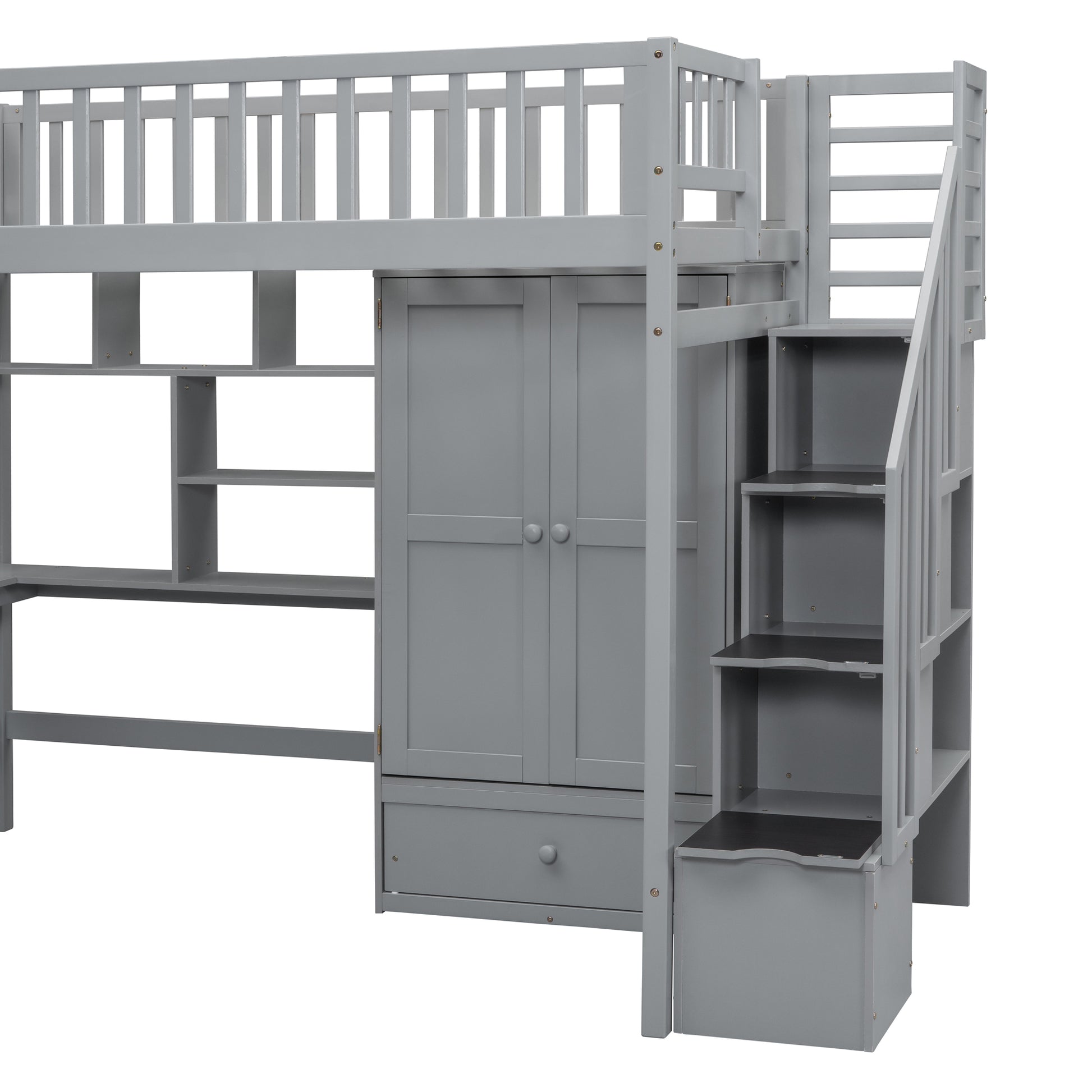 Twin Size Loft Bed With Bookshelf,Drawers,Desk,And Wardrobe Gray Twin Gray Solid Wood Mdf