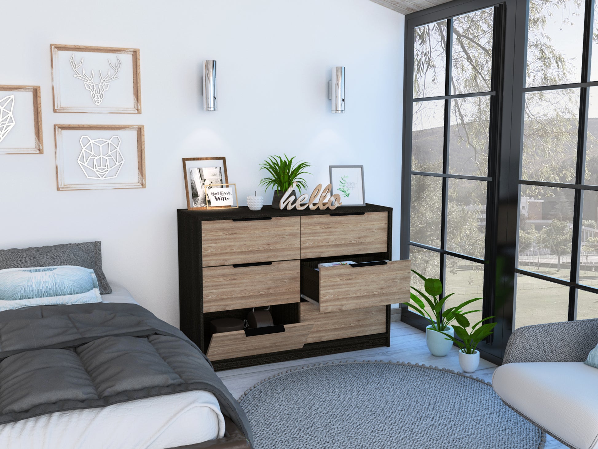 4 Drawer Double Dresser Maryland, Bedroom, Black Pine Multicolor Particle Board Particle Board