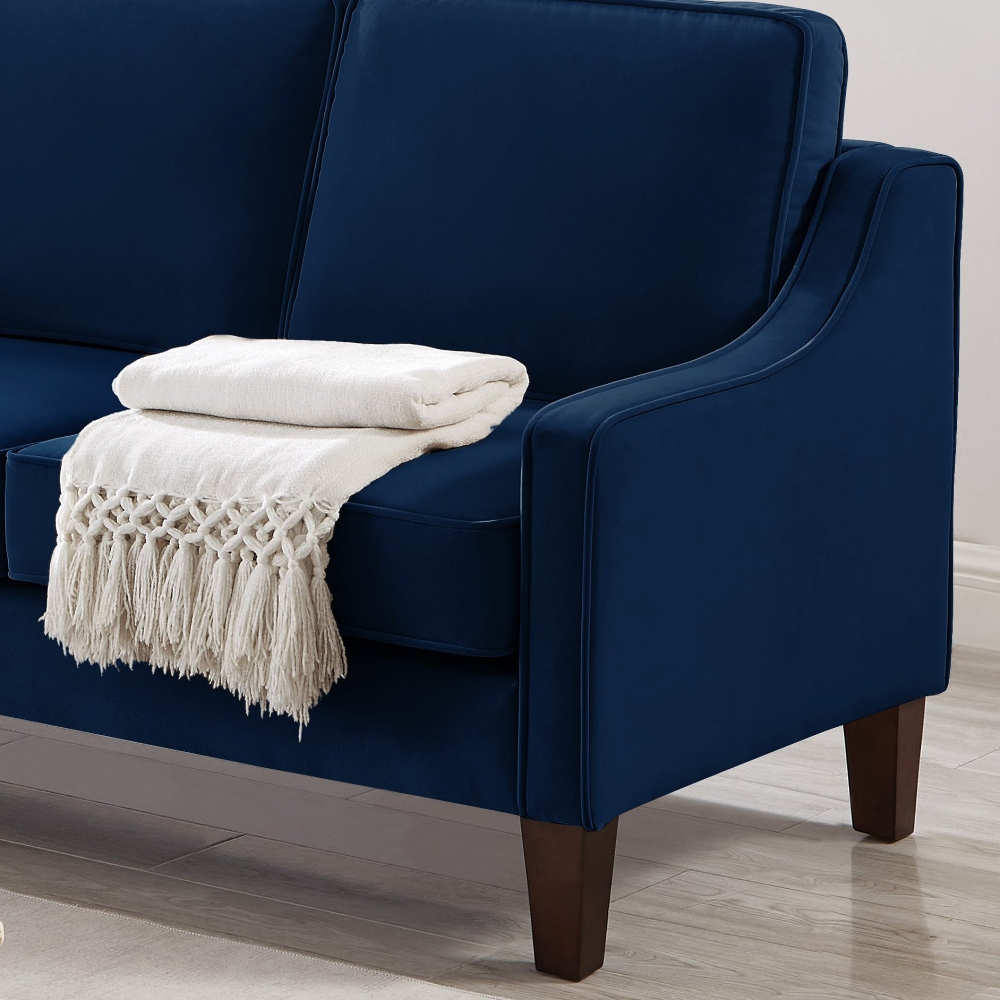 Modern 3 Person Seat Sofa Couch With Scooped Armrest Wood Legs,Upholstered Velvet 3 Seat Sofa With Removable Cushions For Livingrooom Bedroom,Navy Navy Espresso Velvet Wood Primary Living Space Medium Soft Cushion Back American Design Rubberwood Square