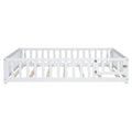 Full Size Floor Platform Bed With Fence And Door For Kids, Montessori Floor Bed Frame With Support Slats For Toddlers, Wooden Floor Bed White White Plywood