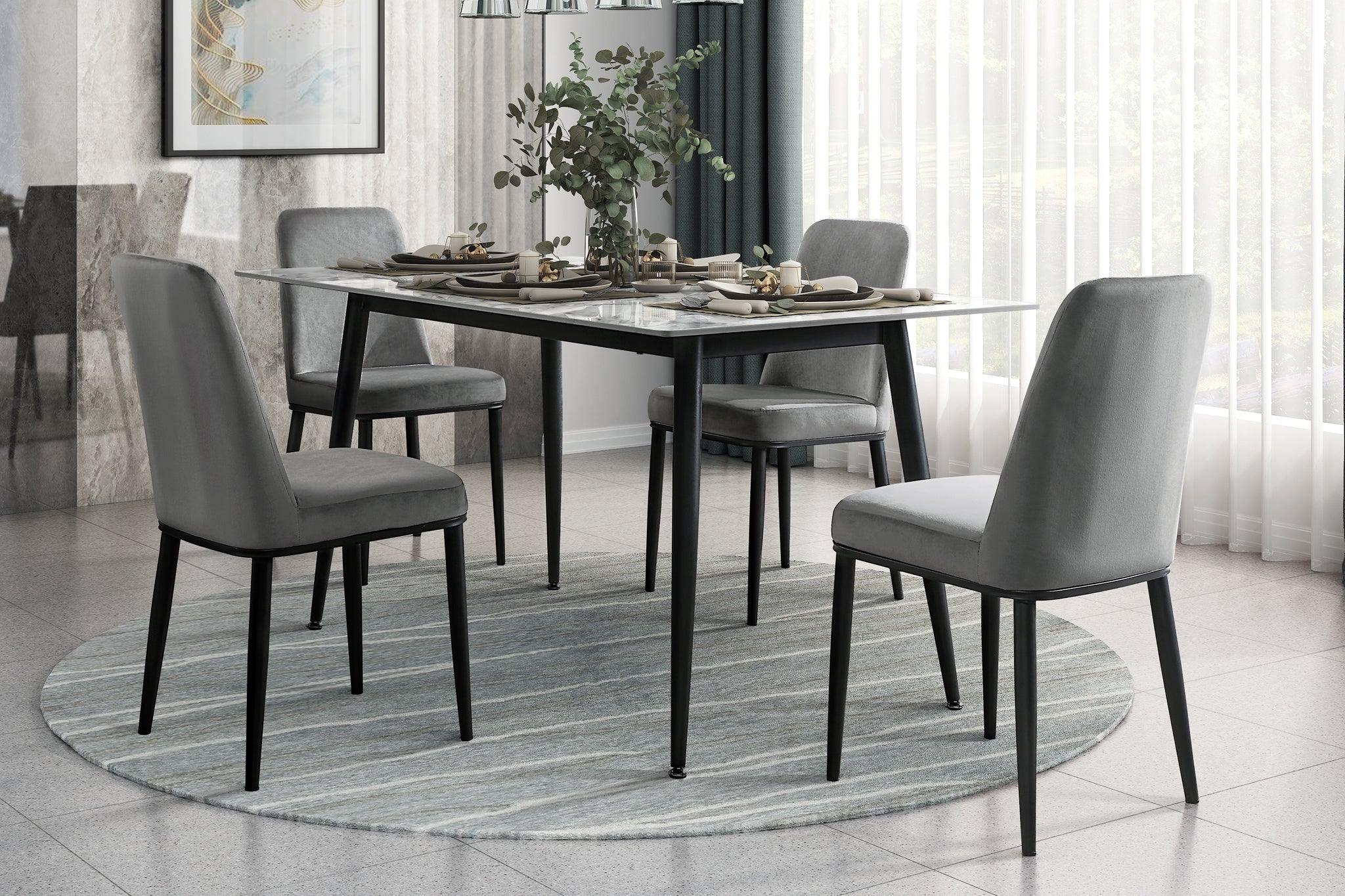 Contemporary Sleek Design Dining Set 5Pc Dining Table And Gray Velvet Chairs Stunning Sintered Stone Tabletop Metal Legs Dining Furniture Metal Black Multi Seats 4 Metal Dining Room Contemporary,Modern Rectangular Dining Table With Chair Metal