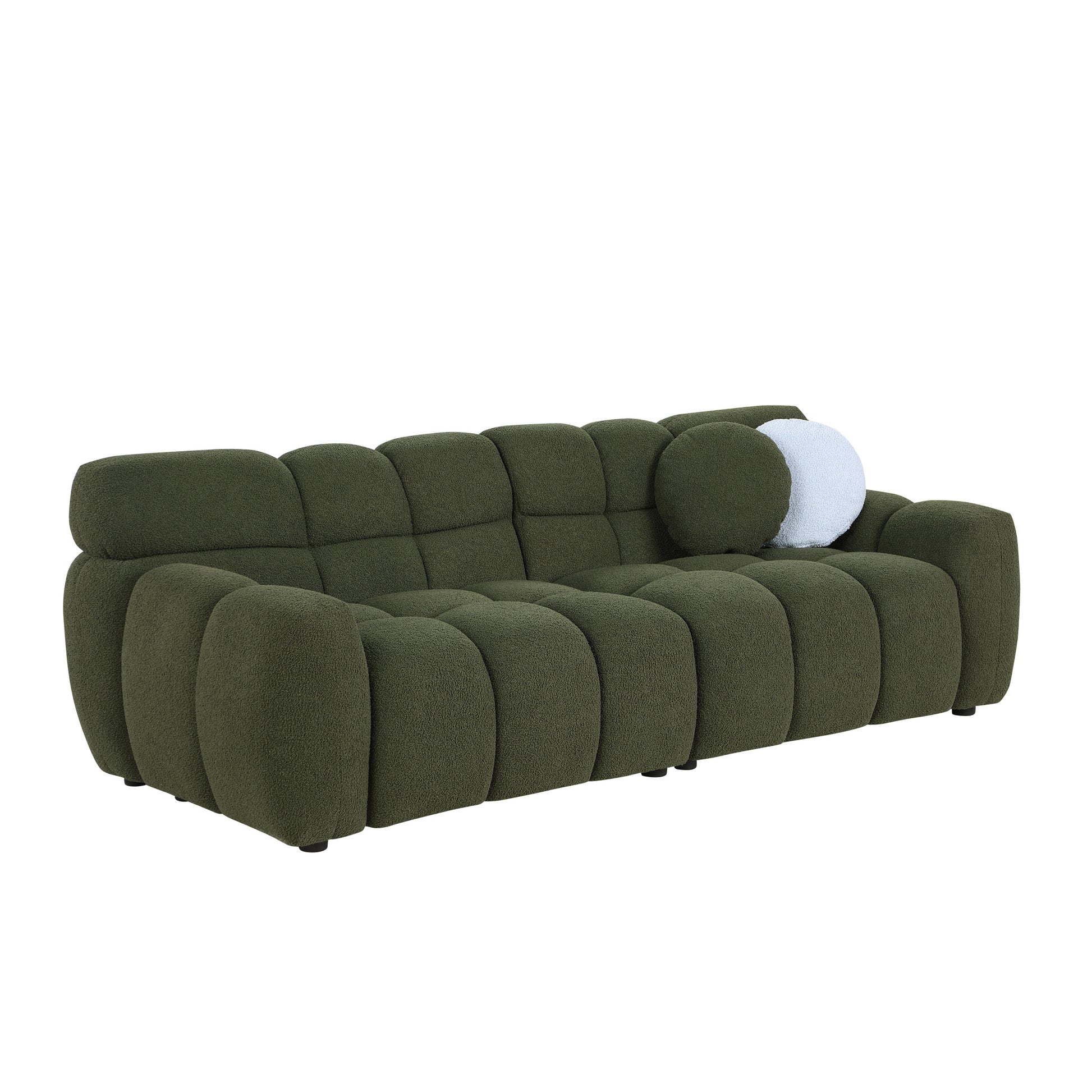 87.4 Length ,35.83" Deepth ,Human Body Structure For Usa People, Marshmallow Sofa,Boucle Sofa ,3 Seater, Olive Green Boucle Olive Green Light Brown Wood Primary Living Space Medium Soft Split Back Eucalyptus Rolled Arms Boucle 3 Seat