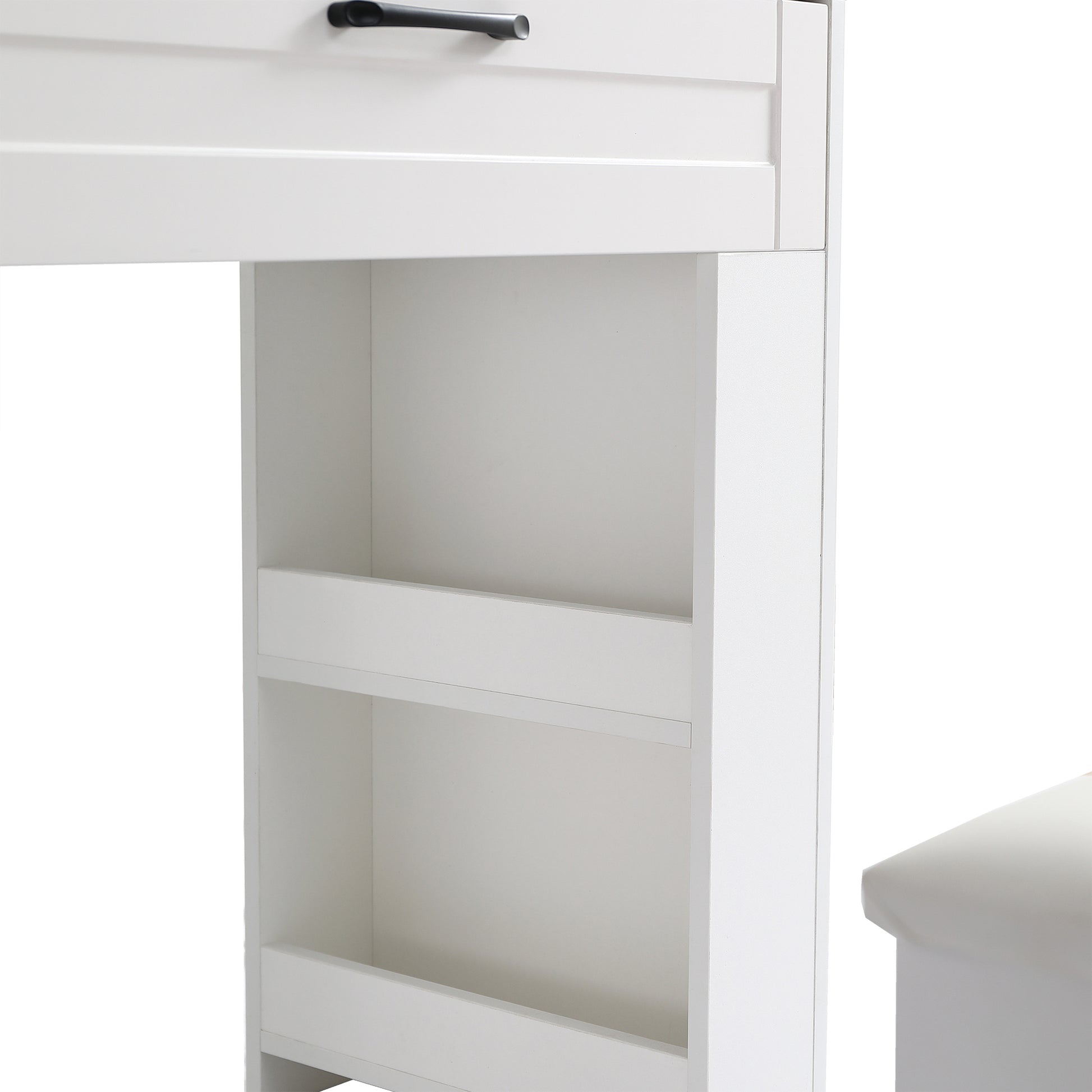 Vanity Table With Large Sliding Lighted Mirror, Dressing Table With 2 Drawers, Storage Shelves And Upholstered Stool, White Color Antique White Particle Board