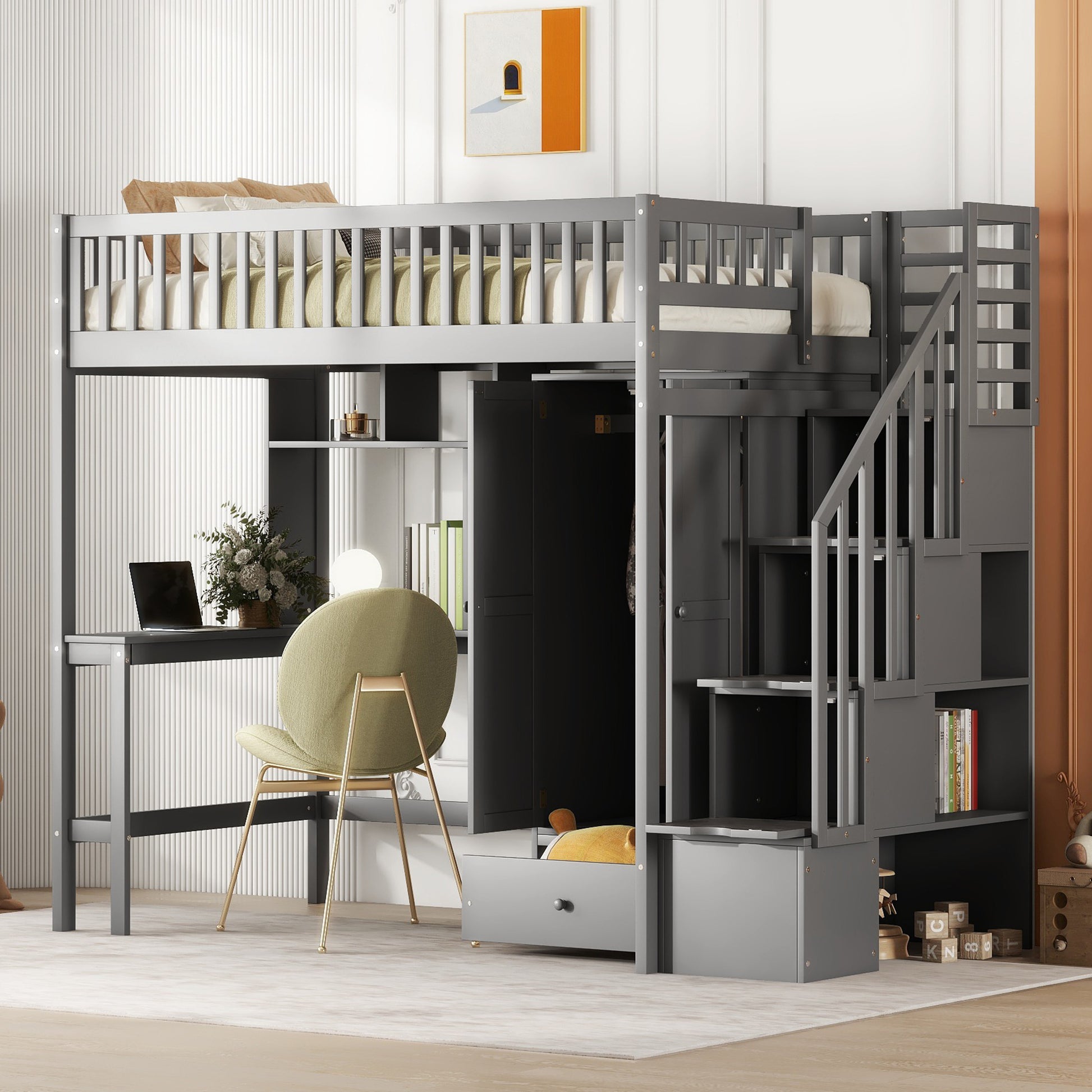 Twin Size Loft Bed With Bookshelf,Drawers,Desk,And Wardrobe Gray Twin Gray Solid Wood Mdf