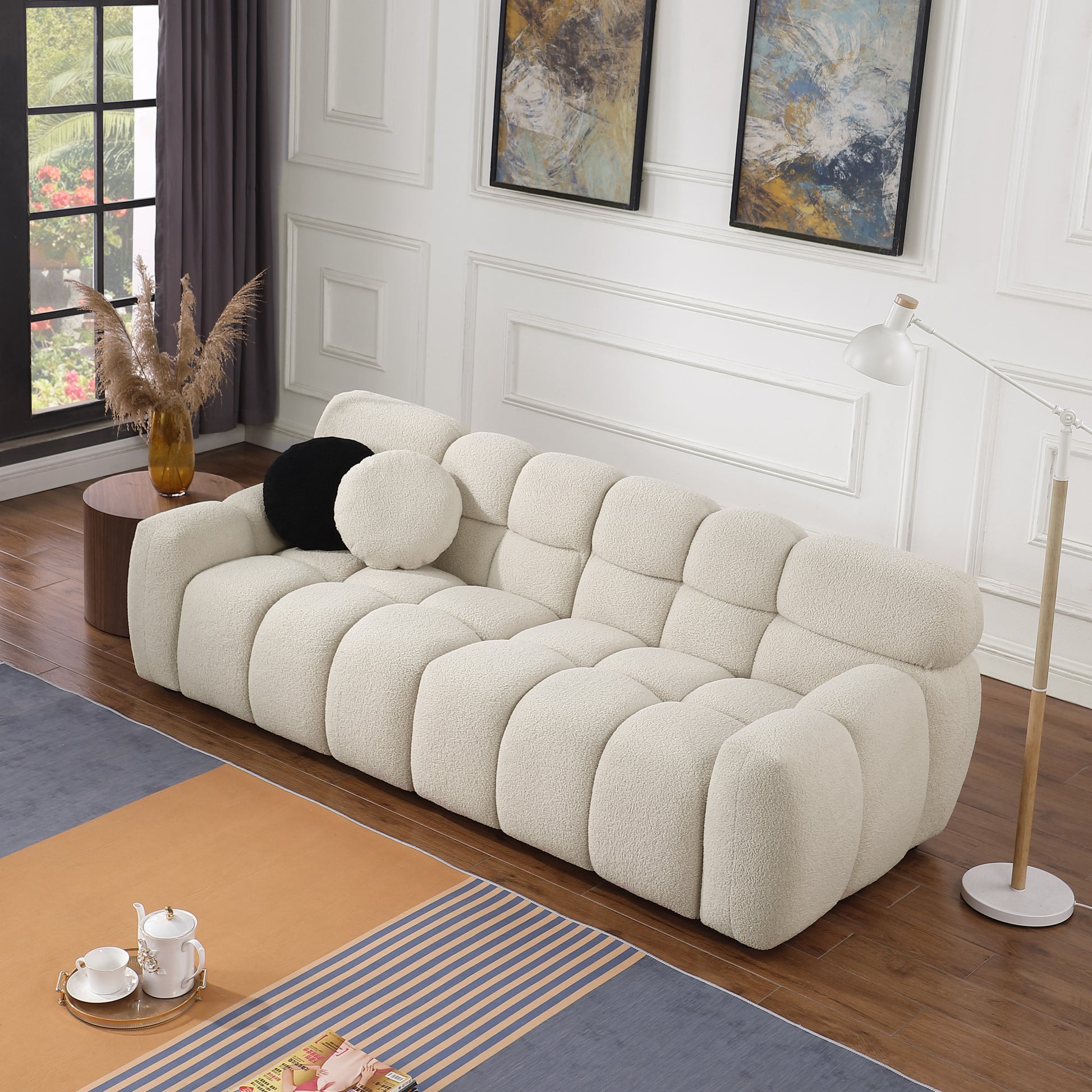 87.4 Length ,35.83" Deepth ,Human Body Structure For Usa People, Marshmallow Sofa,Boucle Sofa ,3 Seater, Beige Boucle Beige Light Brown Wood Primary Living Space Medium Soft Split Back Eucalyptus Rolled Arms Boucle 3 Seat