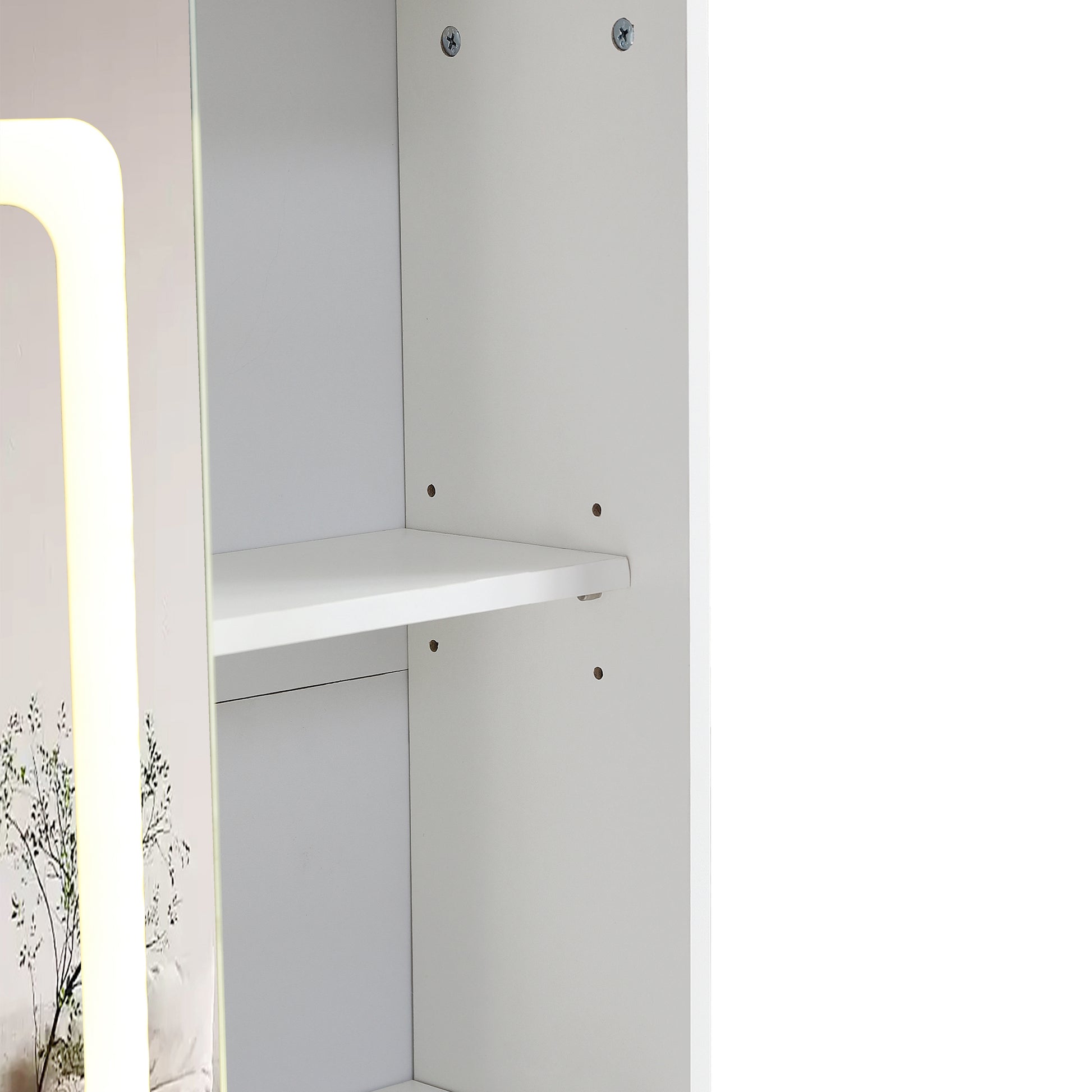 Vanity Table With Large Sliding Lighted Mirror, Dressing Table With 2 Drawers, Storage Shelves And Upholstered Stool, White Color Antique White Particle Board
