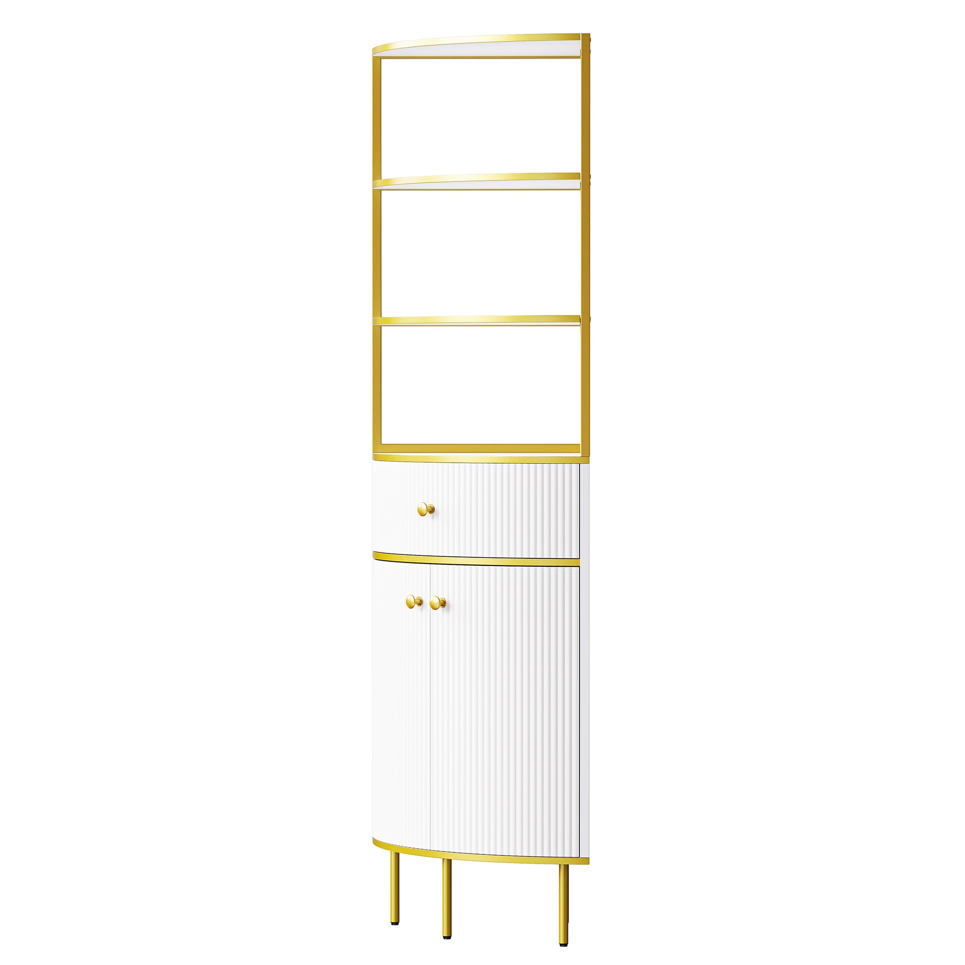 74.8" Tall Modern Corner Bookshelf,Fan Shaped Bookcase With 1 Drawer And 2 Doors ,Wooden Standing Corner Shelf With Gold Metal Frame For Living Room,Home Office,White White Mdf Metal