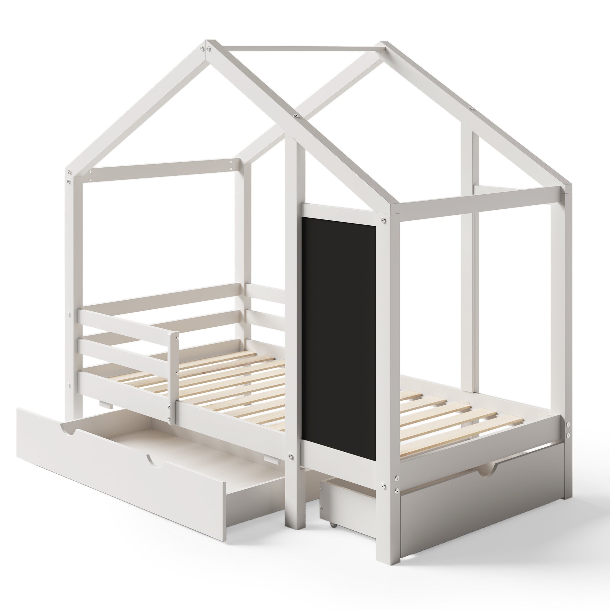 Twin House Bed With Blackboard And Drawers, Two Assembly Options, White Twin White Wood