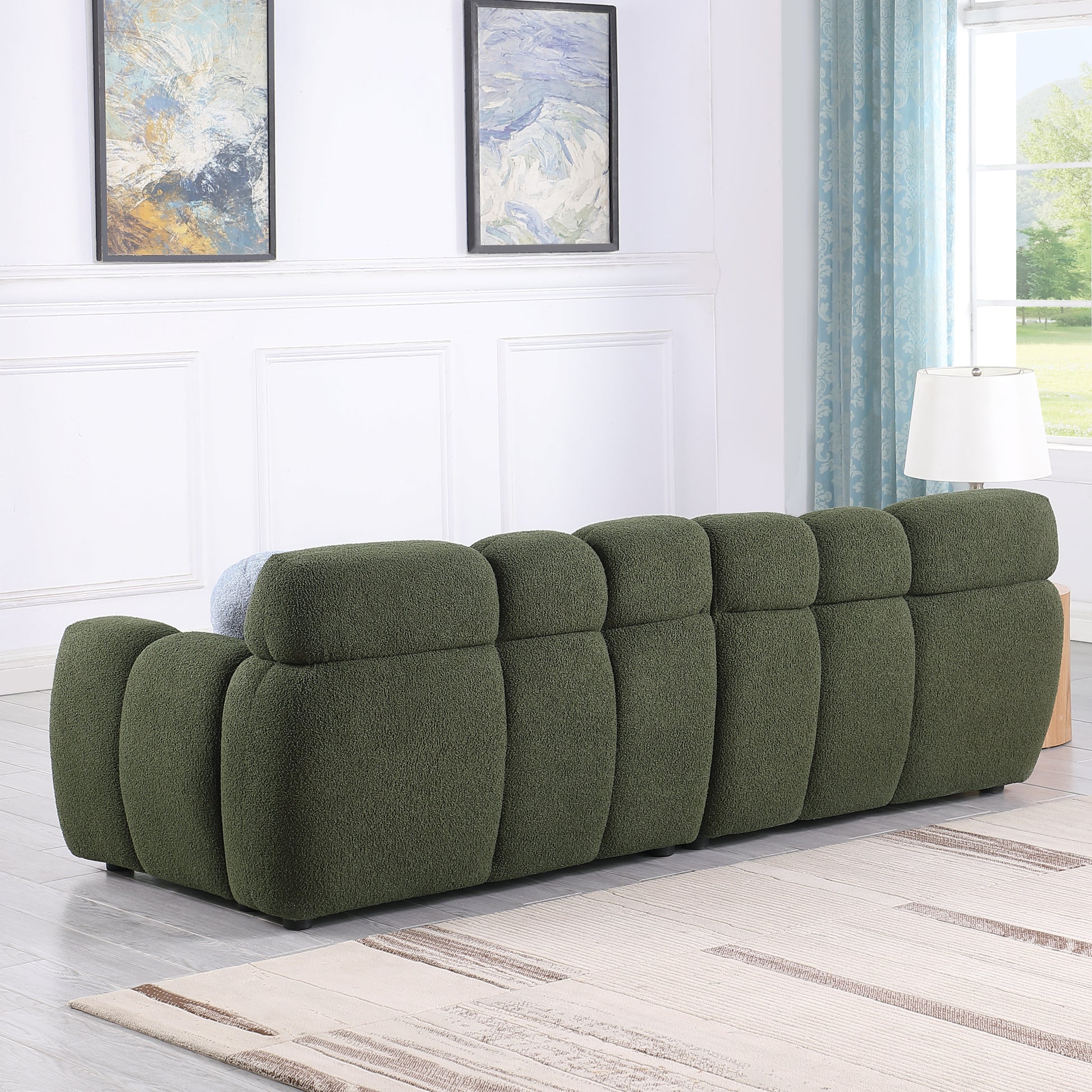 87.4 Length ,35.83" Deepth ,Human Body Structure For Usa People, Marshmallow Sofa,Boucle Sofa ,3 Seater, Olive Green Boucle Olive Green Light Brown Wood Primary Living Space Medium Soft Split Back Eucalyptus Rolled Arms Boucle 3 Seat