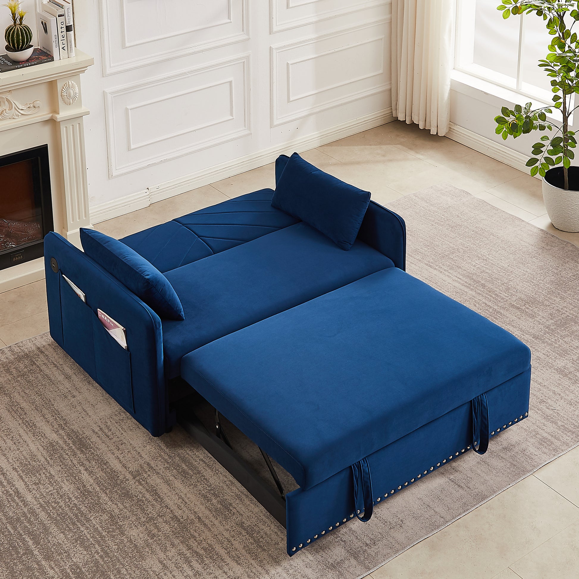 Mh" Sleeper Sofa Bed W Usb Port, 3 In 1 Adjustable Sleeper With Pull Out Bed, 2 Lumbar Pillows And Side Pocket, Soft Velvet Convertible Sleeper Sofa Bed, Suitable For Living Room Bedroom Blue Velvet Primary Living Space Pine Foam Velvet 2 Seat