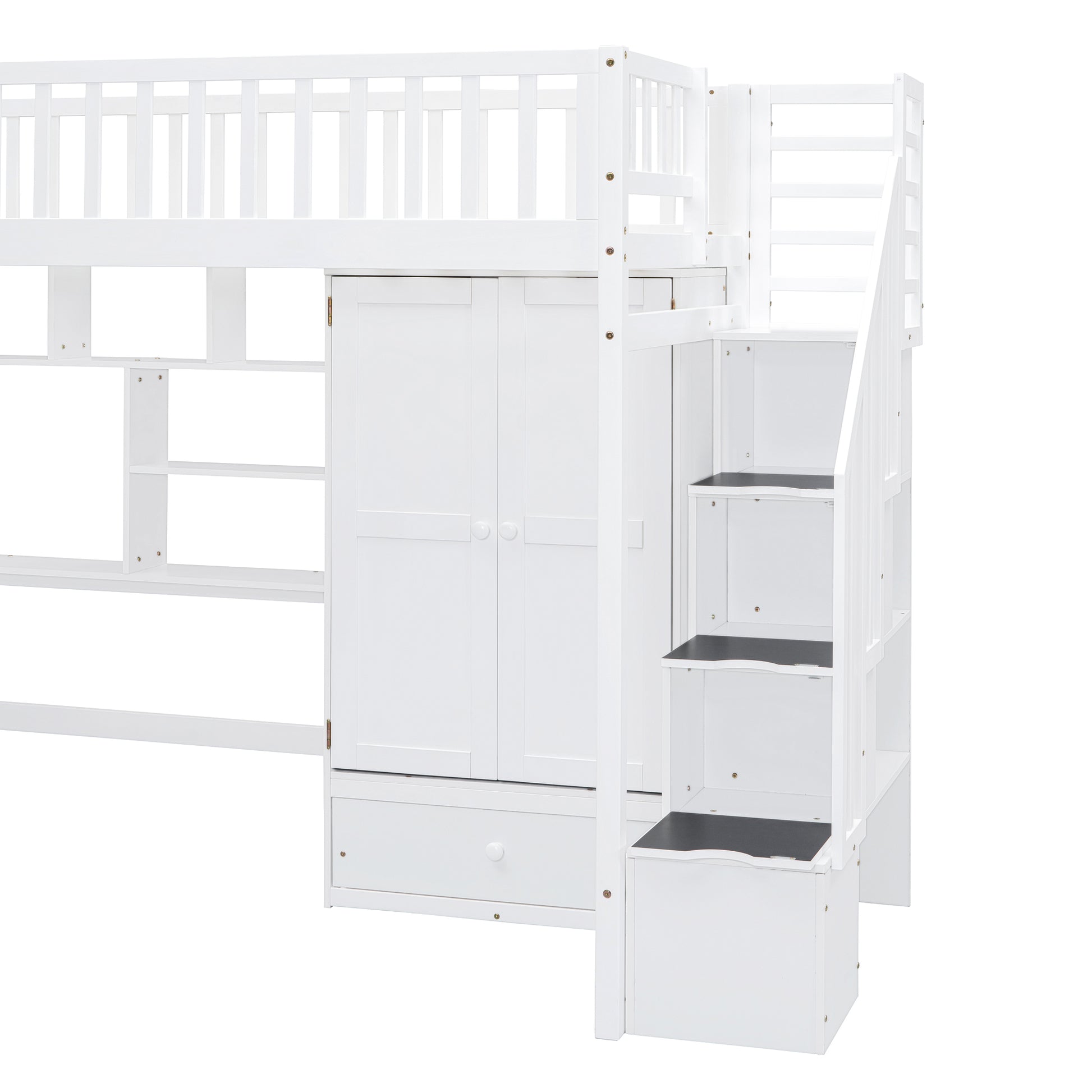 Twin Size Loft Bed With Bookshelf,Drawers,Desk,And Wardrobe White Twin White Solid Wood Mdf